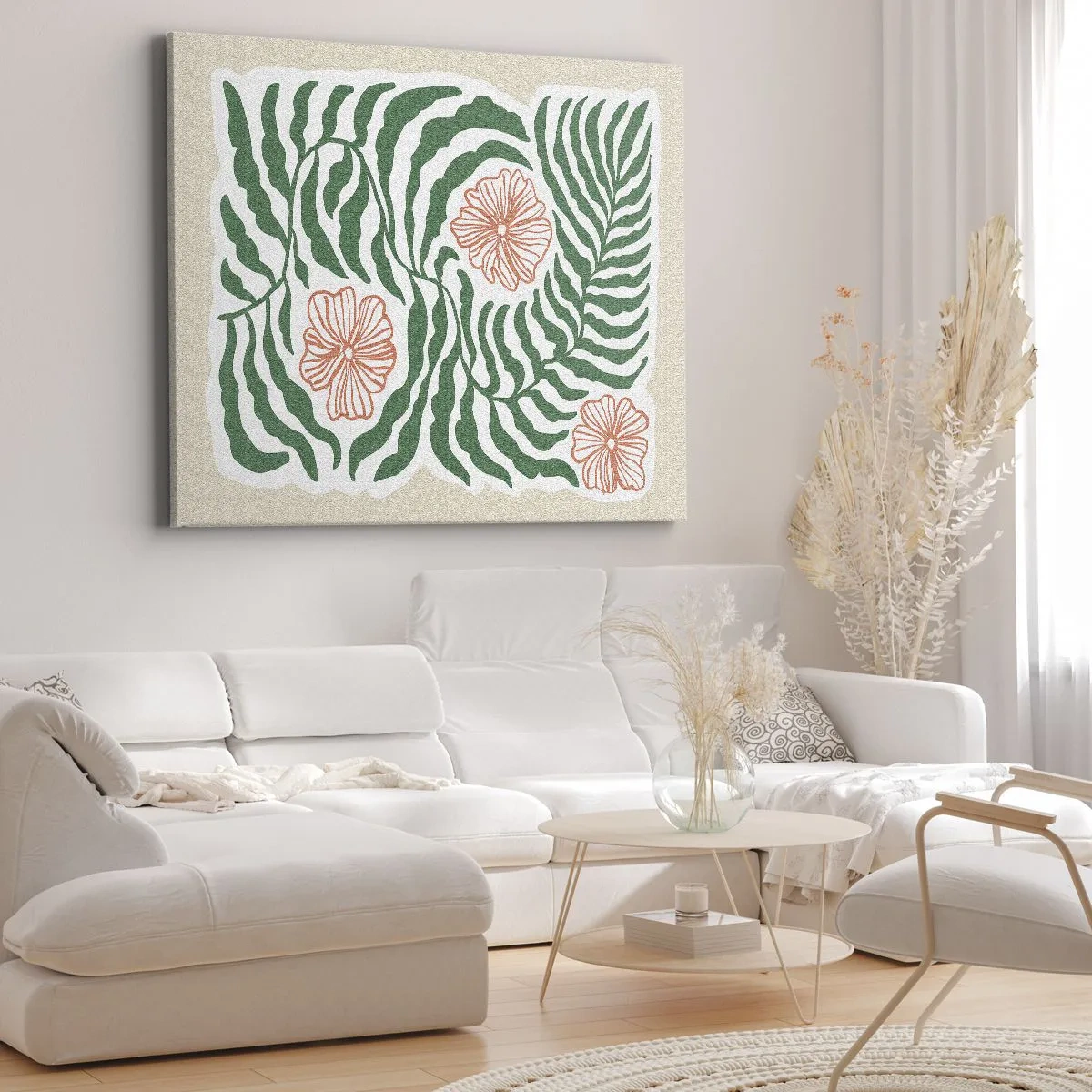 Schilderen op canvas - Een minimalistisch motief van groene bladeren met bloemen in oranje tinten. - 70x50cm - Bloeiend in het groen - Moderne wanddecoratie voor woonkamer en slaapkamer ARTTOR