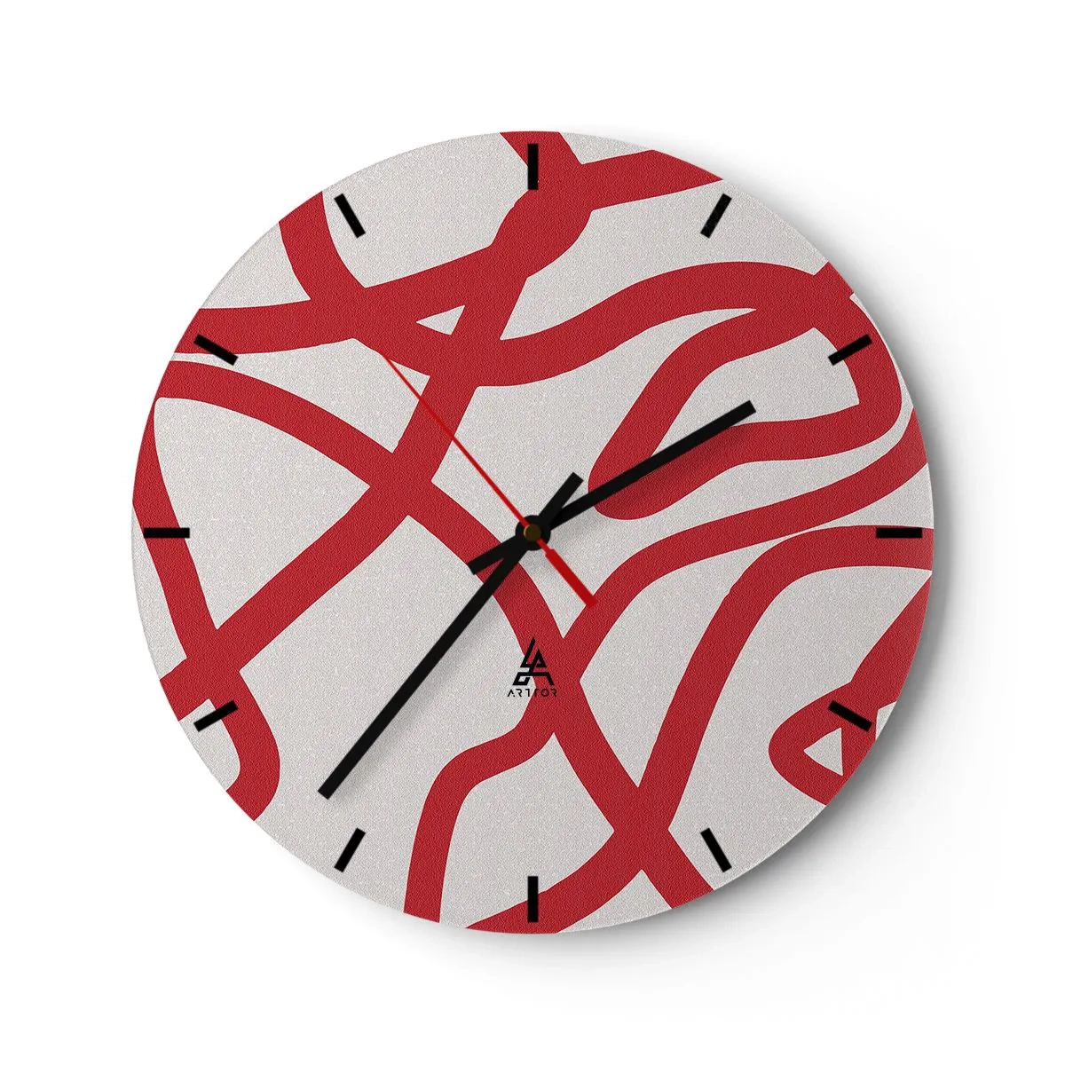 Wandklok - Klok - Abstracte rode lijnen kronkelen over een witte achtergrond in een dynamische opstelling. - 30x30cm - Rood op wit - Moderne wanddecoratie voor woonkamer, keuken en slaapkamer ARTTOR