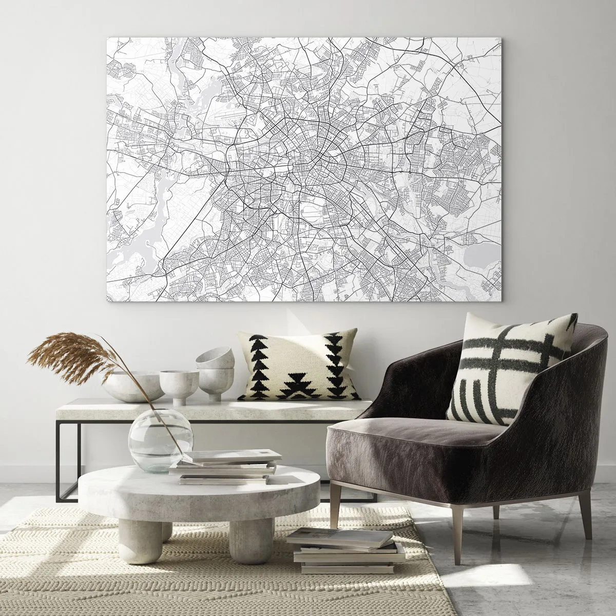 Schilderen op glas - Zwart-witkaart van Berlijn met een geometrische stratenindeling - 70x50cm - Berlijnse bloem - Moderne wanddecoratie voor woonkamer en slaapkamer ARTTOR