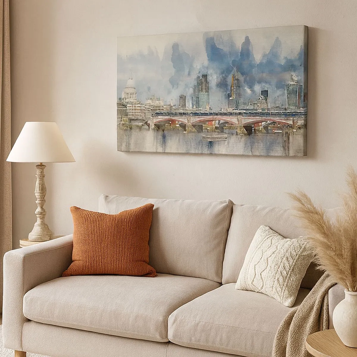 Schilderen op canvas - Aquarelweergave van de brug en de skyline van de stad - 70x50cm - Londen in al zijn glorie - Moderne wanddecoratie voor woonkamer en slaapkamer ARTTOR