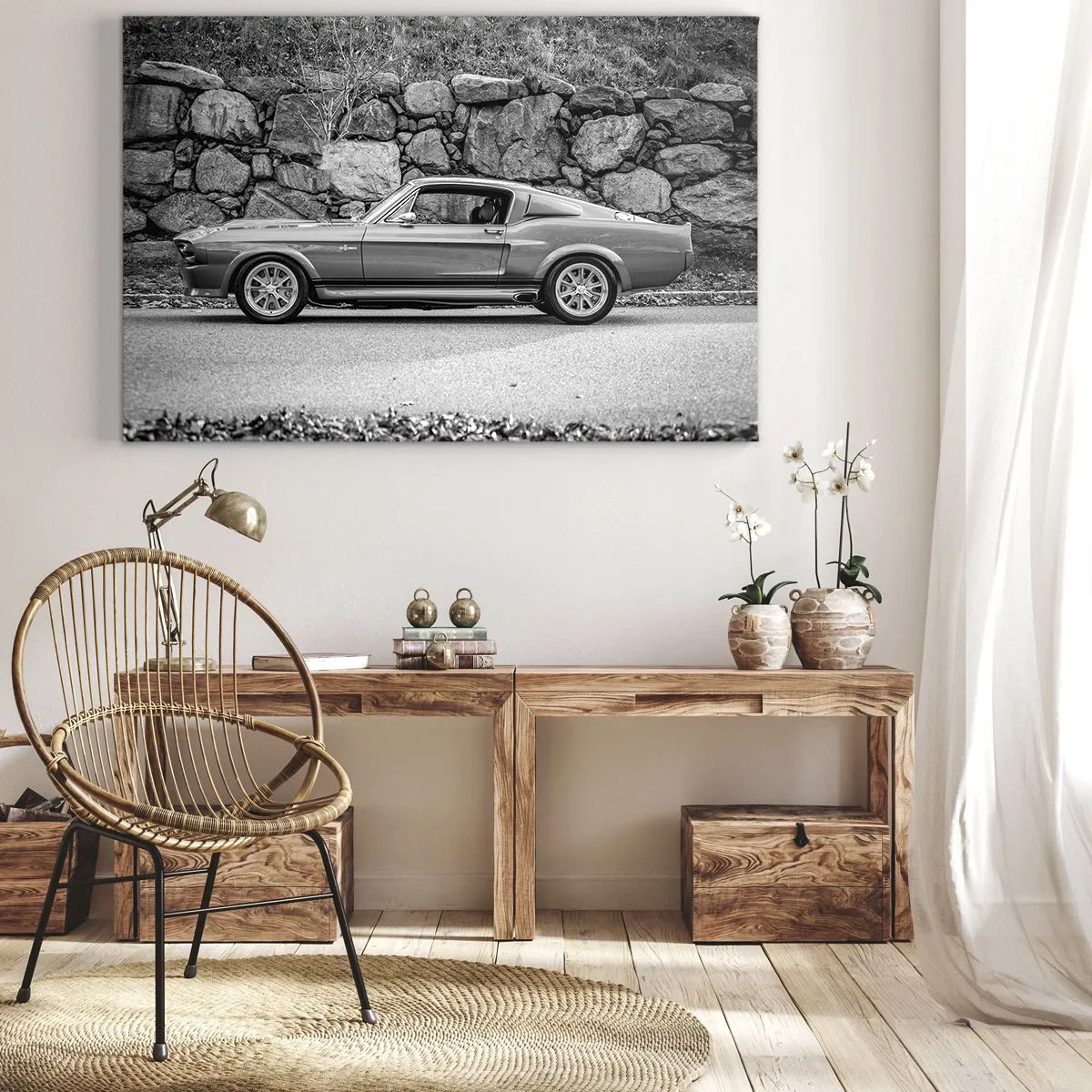 Schilderen op canvas - Zwart-witfoto van een klassieke auto - 70x50cm - De legende van de jaren 60 - Moderne wanddecoratie voor woonkamer en slaapkamer ARTTOR
