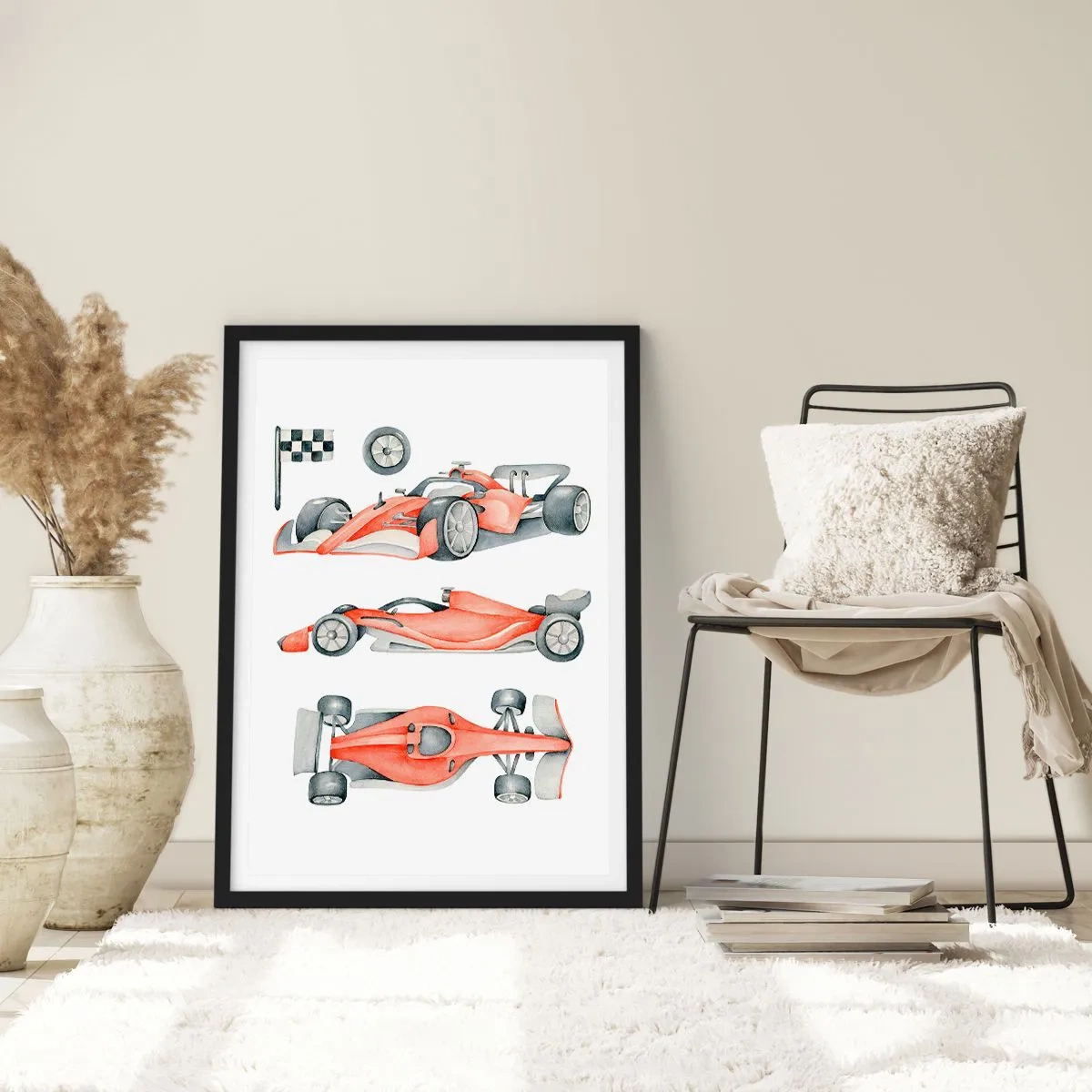 Poster in een zwarte lijst - Aquarelillustratie van een raceauto - 50x70cm - Jaag je droom na - Moderne wanddecoratie voor woonkamer en slaapkamer ARTTOR