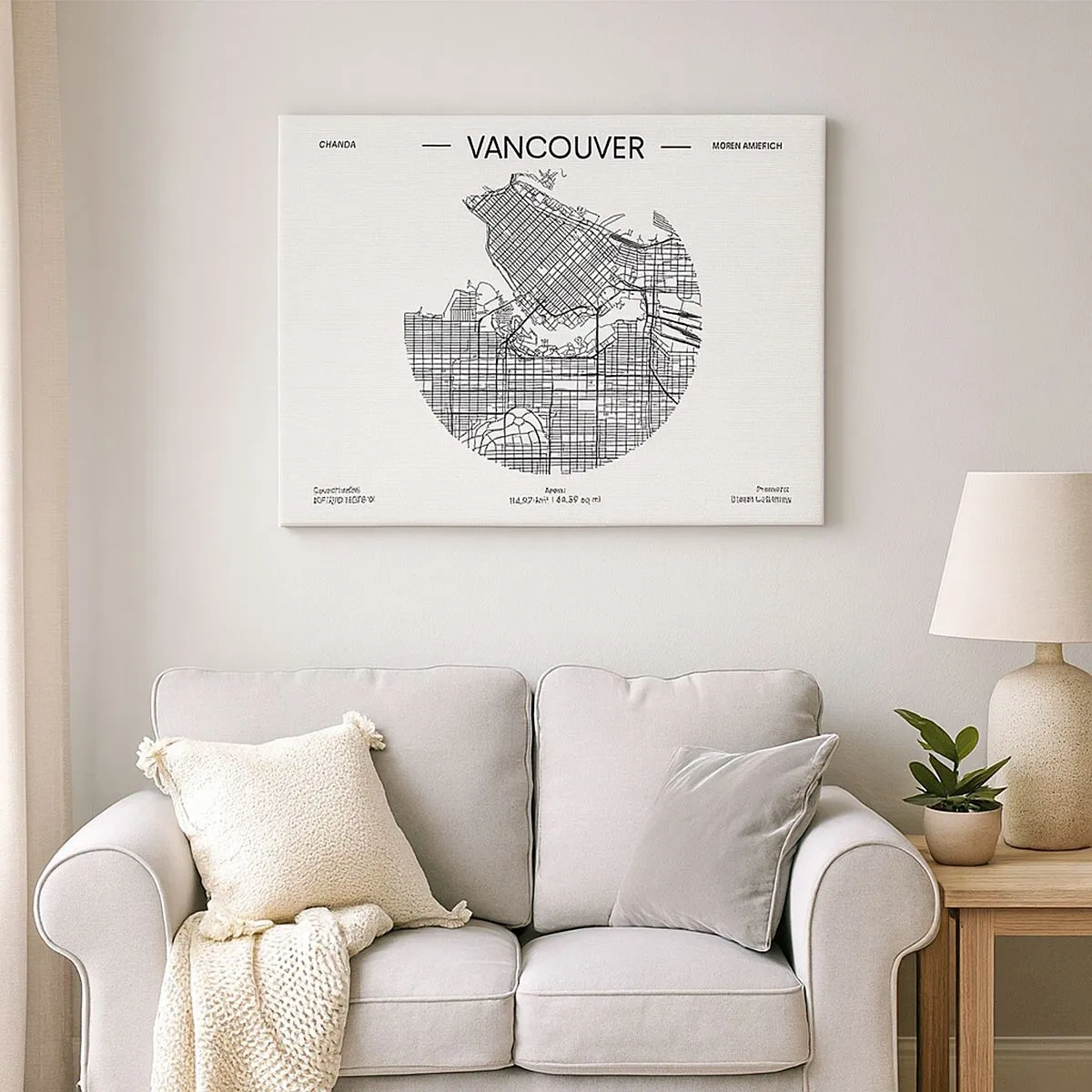 Schilderen op canvas - Een kaart van Vancouver in minimalistische zwart-witstijl - 70x50cm - Anatomie van Vancouver - Moderne wanddecoratie voor woonkamer en slaapkamer ARTTOR