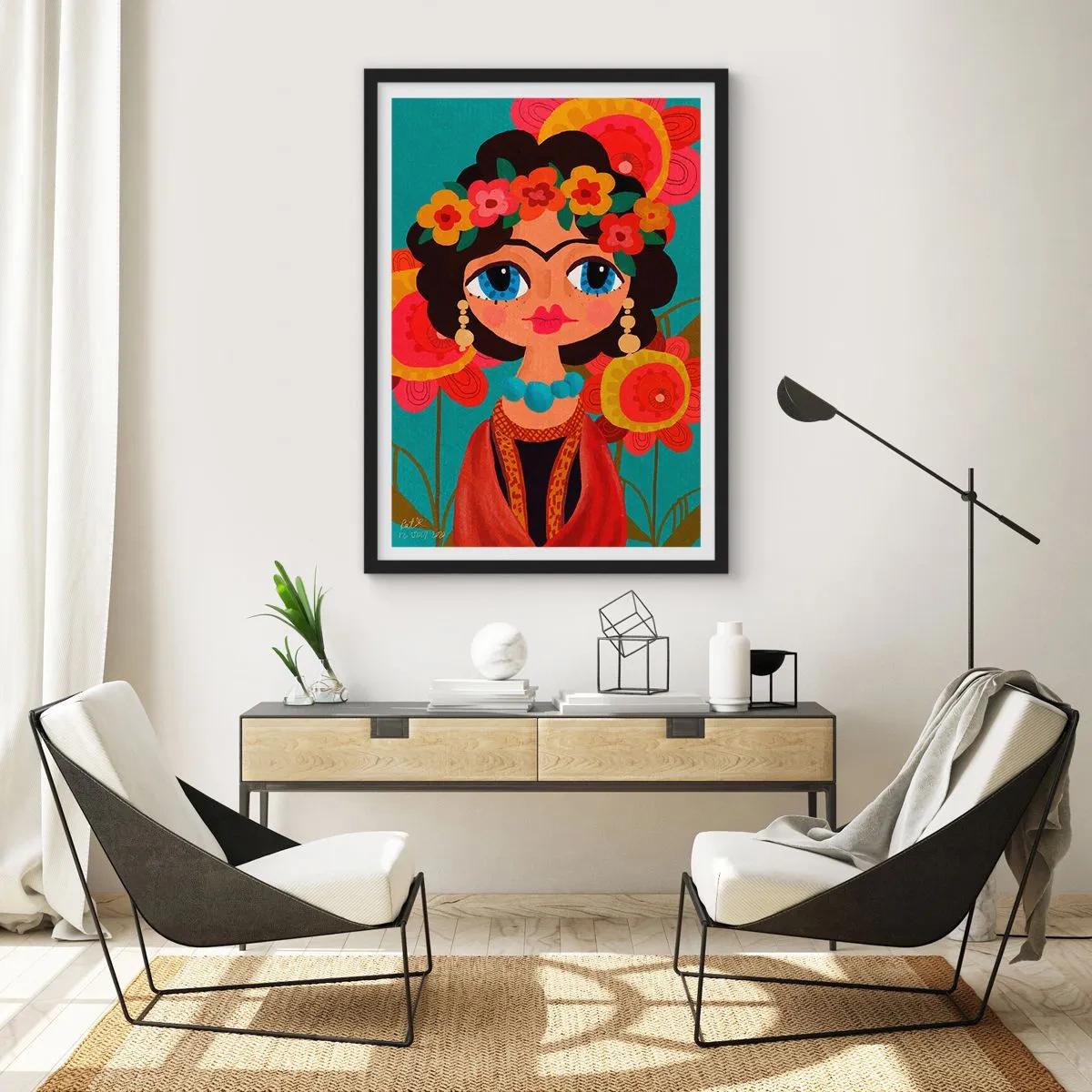 Poster in een zwarte lijst - Kleurrijk portret van een vrouw in volksstijl en een bloemenkrans - 50x70cm - Mevrouw papaver - Moderne wanddecoratie voor woonkamer en slaapkamer ARTTOR