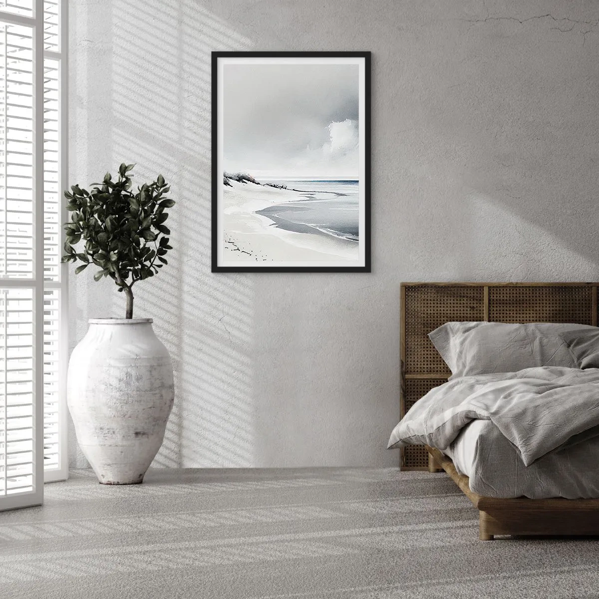Poster in een zwarte lijst - Een minimalistisch strand in grijstinten - 50x70cm - Voor altijd samen - Moderne wanddecoratie voor woonkamer en slaapkamer ARTTOR