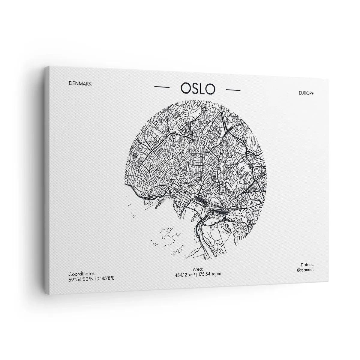Schilderen op canvas - Een kaart van Oslo in minimalistische zwart-witstijl. - 70x50cm - Anatomie van Oslo - Moderne wanddecoratie voor woonkamer en slaapkamer ARTTOR