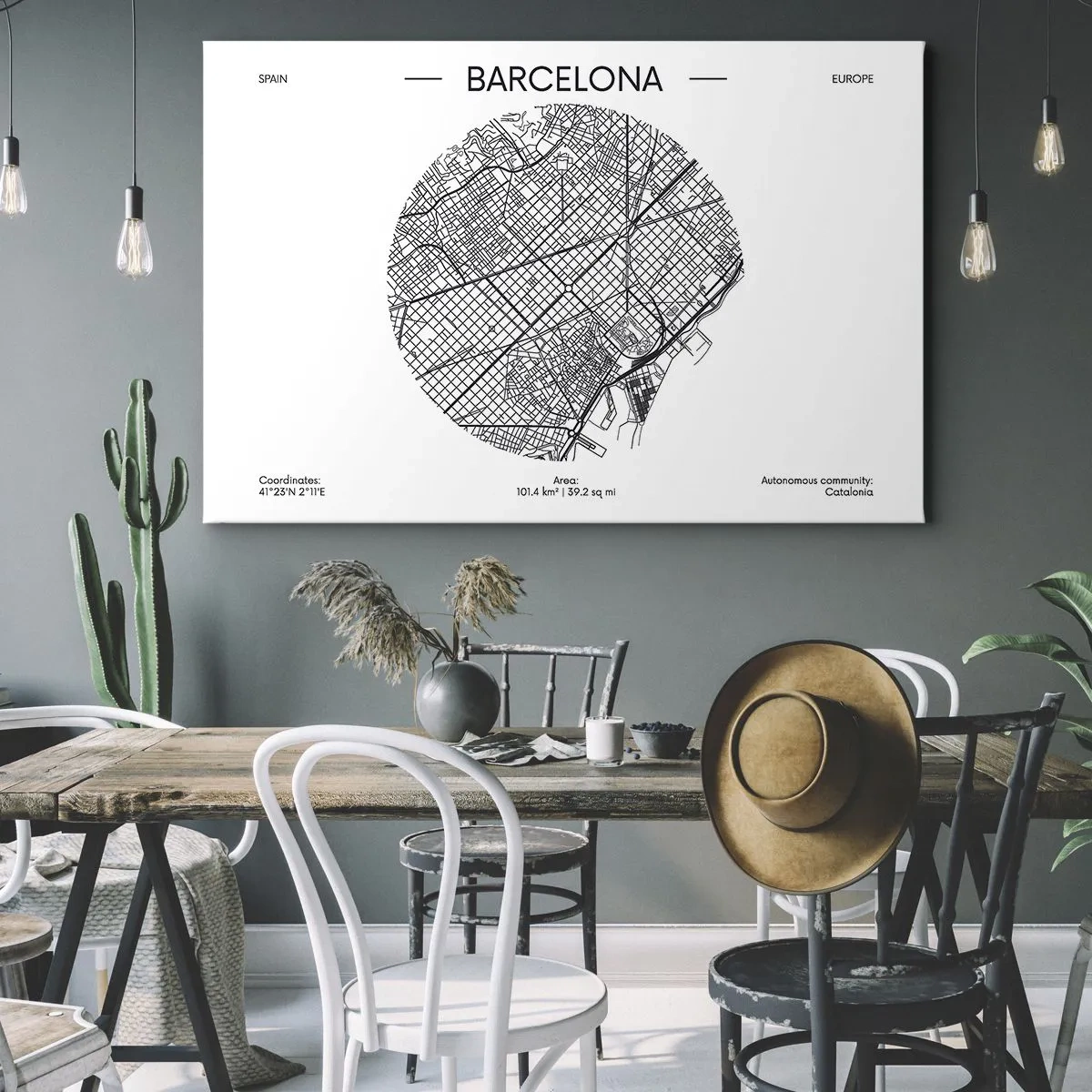 Schilderen op canvas - Een kaart van Barcelona in minimalistische zwart-witstijl - 70x50cm - Anatomie van Barcelona - Moderne wanddecoratie voor woonkamer en slaapkamer ARTTOR