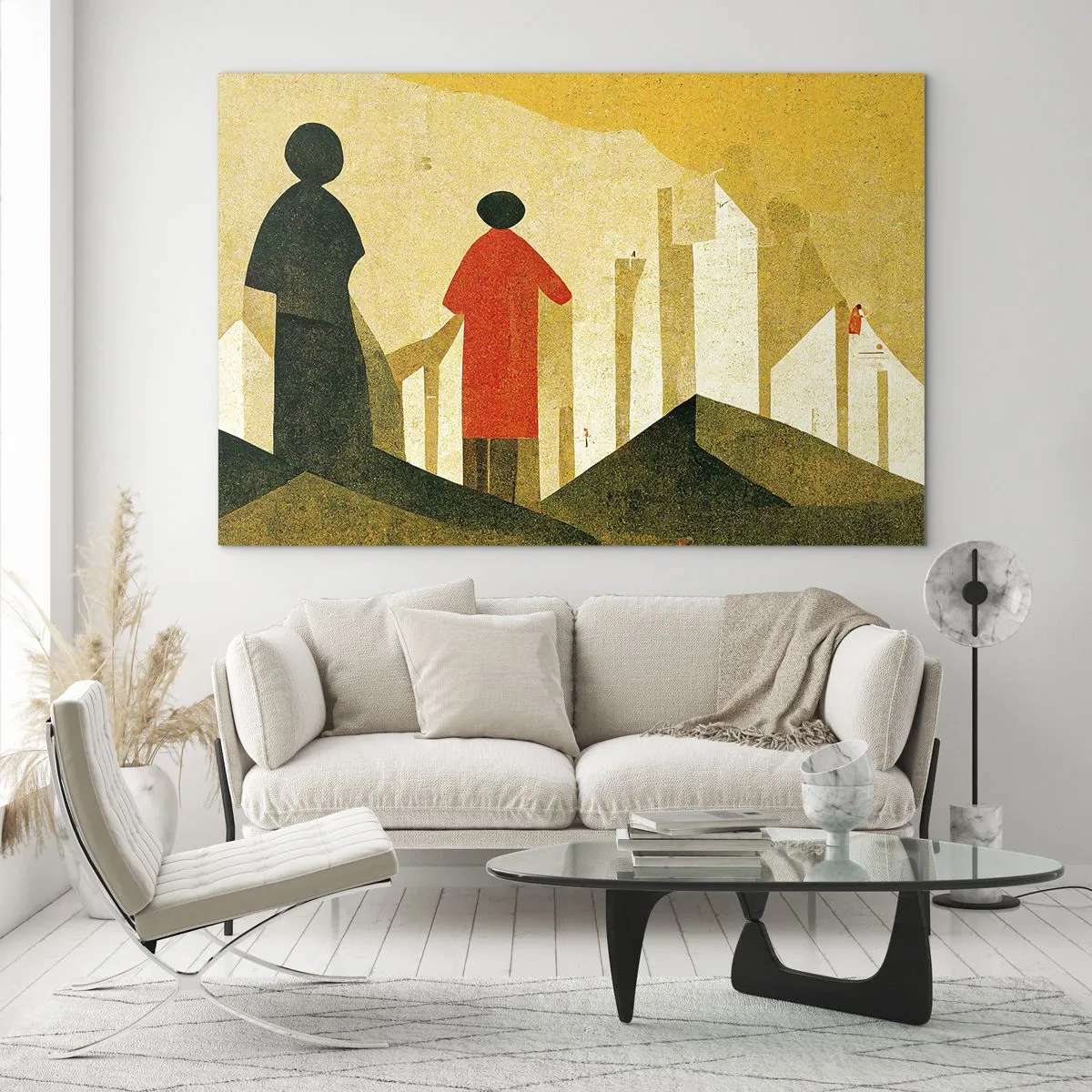 Schilderen op glas - Geometrische silhouetten van figuren tussen hoge vormen tegen de achtergrond van een gele lucht - 70x50cm - Er is nog een lange weg te gaan - Moderne wanddecoratie voor woonkamer en slaapkamer ARTTOR