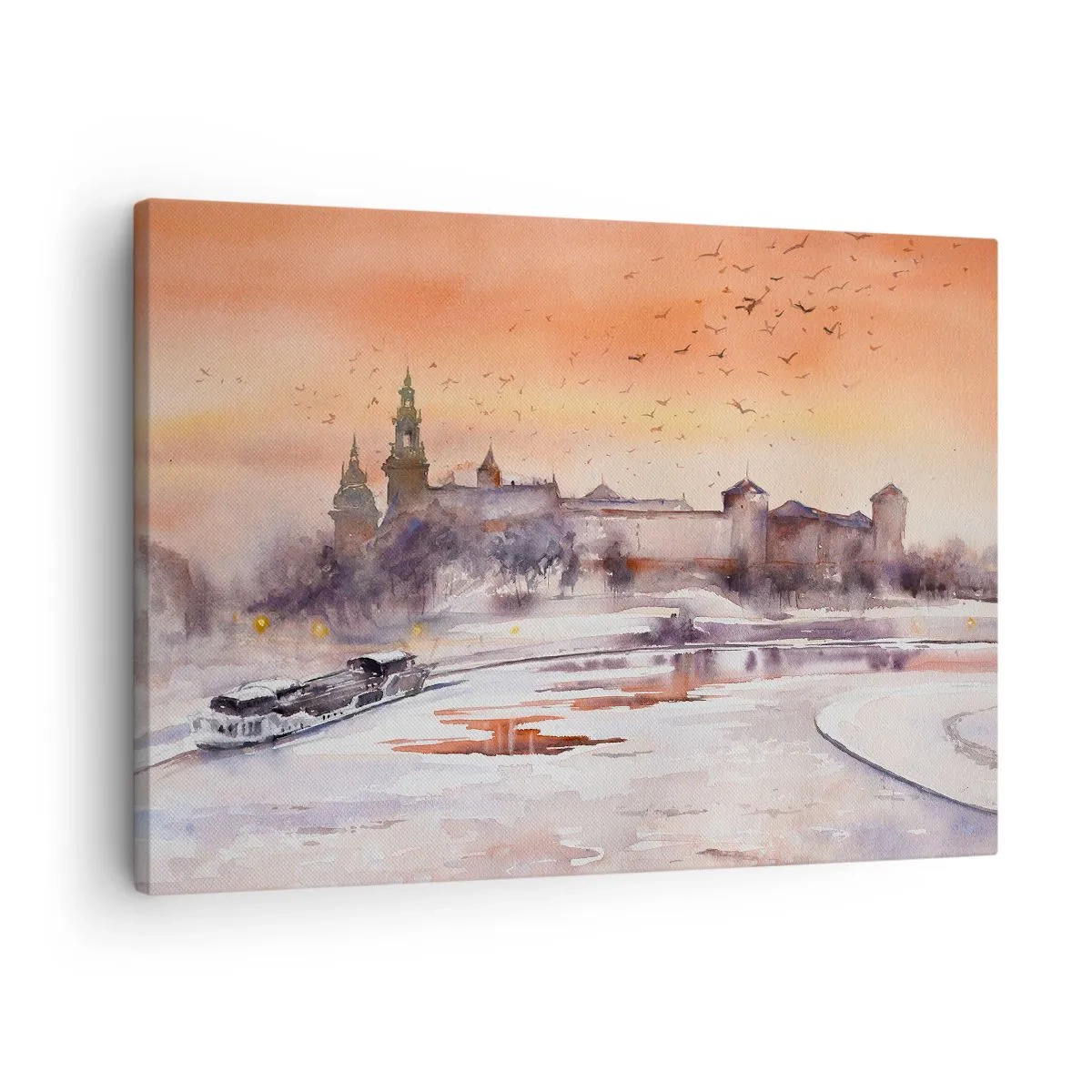 Schilderen op canvas - Zonsondergang boven het kasteel in een winterlandschap - 70x50cm - Koninklijke zonsondergang - Moderne wanddecoratie voor woonkamer en slaapkamer ARTTOR