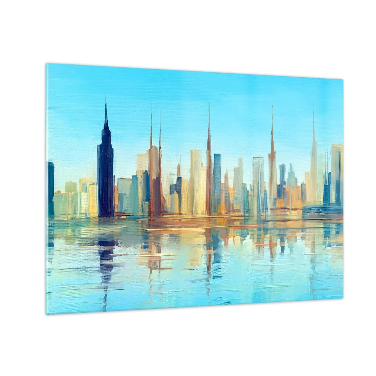 Schilderen op glas - Een panorama van de metropool weerspiegeld in het water onder een blauwe lucht - 70x50cm - Een zonnige metropool - Moderne wanddecoratie voor woonkamer en slaapkamer ARTTOR