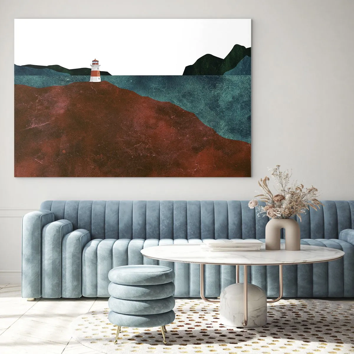 Schilderen op glas - Een vuurtoren tegen de achtergrond van een turquoise zee en rode kliffen - 70x50cm - Starend naar de zee - Moderne wanddecoratie voor woonkamer en slaapkamer ARTTOR