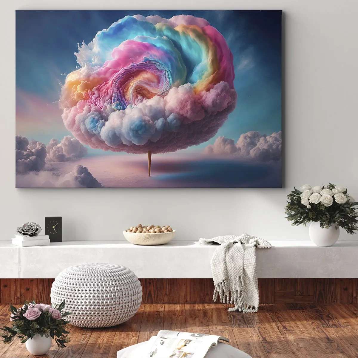 Schilderen op canvas - Een spiraalvormige wolk met pastelkleuren aan de lucht - 70x50cm - De droom van een pretpark - Moderne wanddecoratie voor woonkamer en slaapkamer ARTTOR