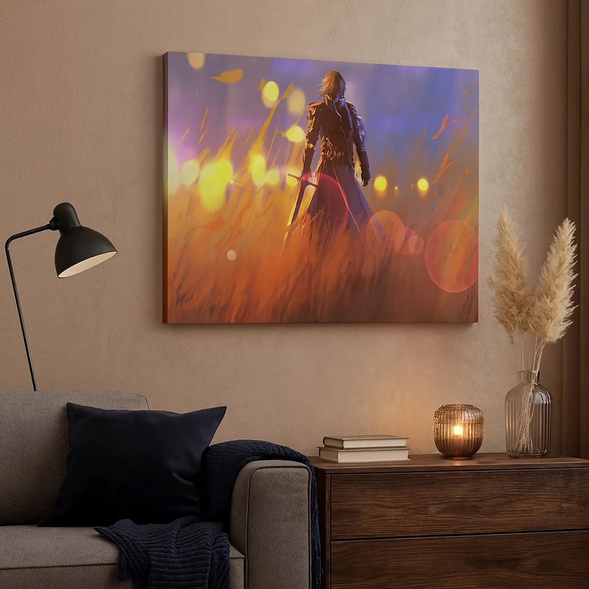 Schilderen op canvas - De figuur van een ridder in het licht van de ondergaande zon in een veld - 70x50cm - Dolende ridder - Moderne wanddecoratie voor woonkamer en slaapkamer ARTTOR