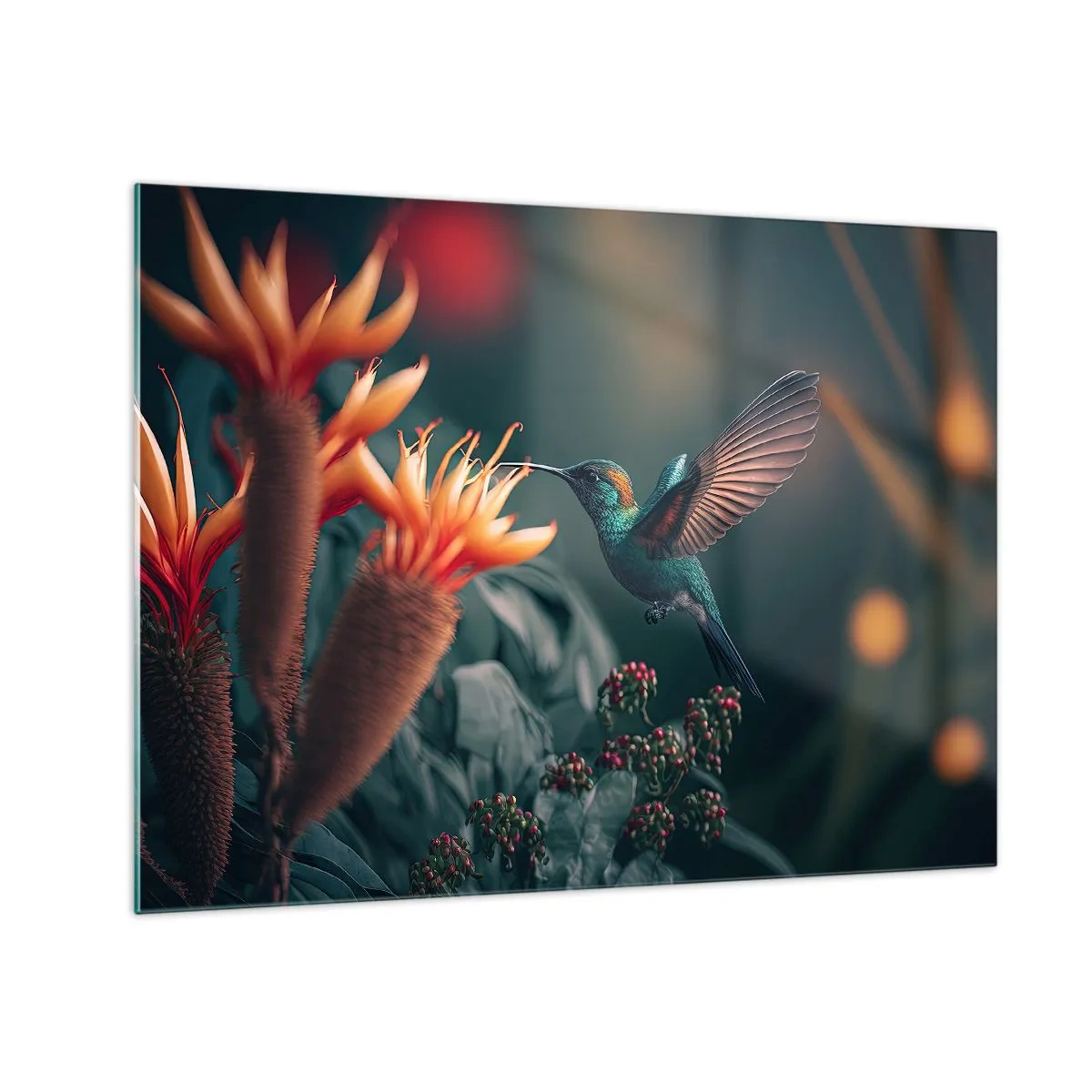Schilderen op glas - Een kolibrie zweeft boven exotische bloemen tussen de bladeren. - 70x50cm - een werkelijk kleurrijk leven - Moderne wanddecoratie voor woonkamer en slaapkamer ARTTOR