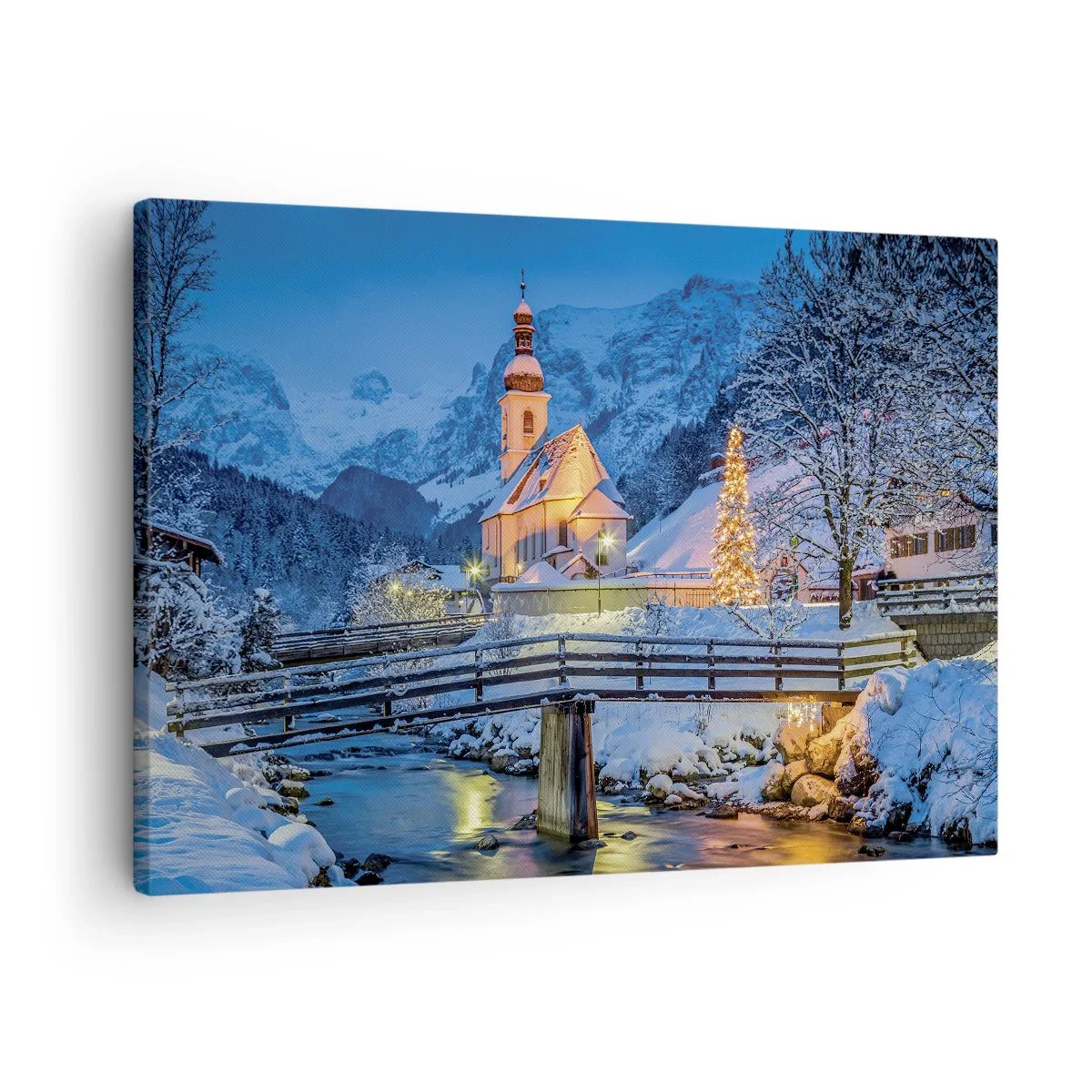 Schilderen op canvas - Winterlandschap met een kerk, brug en bergen in de schemering - 70x50cm - Kerstgeest - Moderne wanddecoratie voor woonkamer en slaapkamer ARTTOR