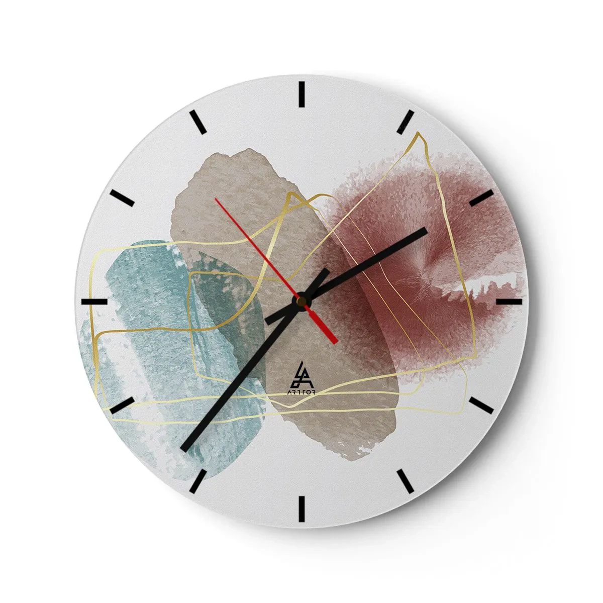 Wandklok - Klok - Kleurrijke aquarelspatten en gouden lijnen op een witte achtergrond - 30x30cm - Koralen van de ruimte - Moderne wanddecoratie voor woonkamer, keuken en slaapkamer ARTTOR