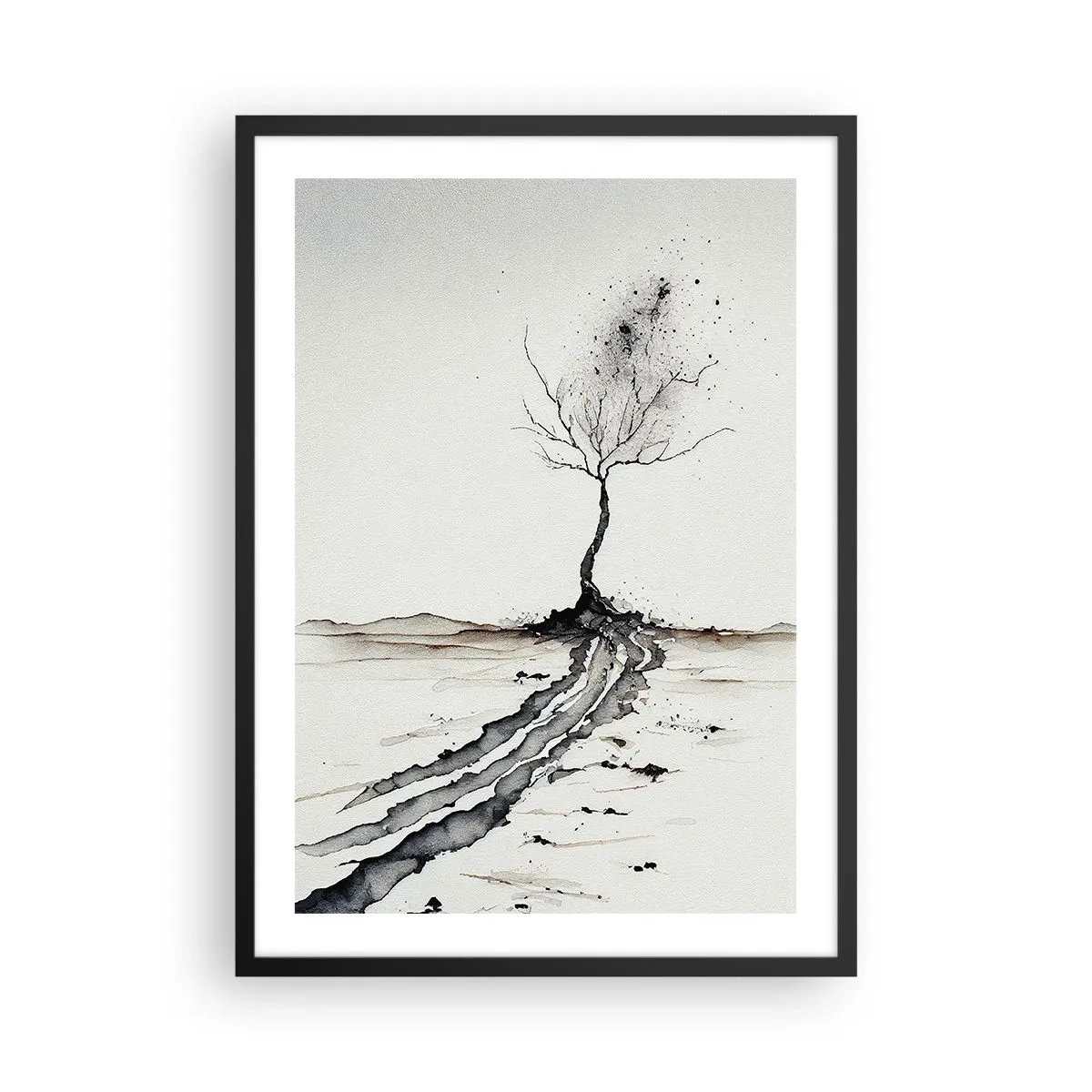 Poster in een zwarte lijst - Een minimalistische boom met abstracte wortels - 50x70cm - Winterse melancholie - Moderne wanddecoratie voor woonkamer en slaapkamer ARTTOR