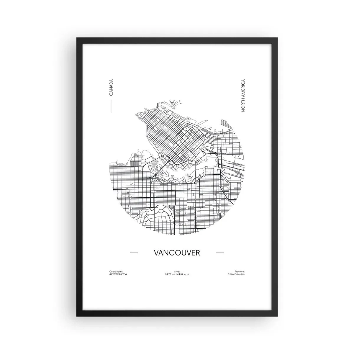 Poster in een zwarte lijst - Een minimalistische zwart-witkaart van Vancouver - 50x70cm - Anatomie van Vancouver - Moderne wanddecoratie voor woonkamer en slaapkamer ARTTOR