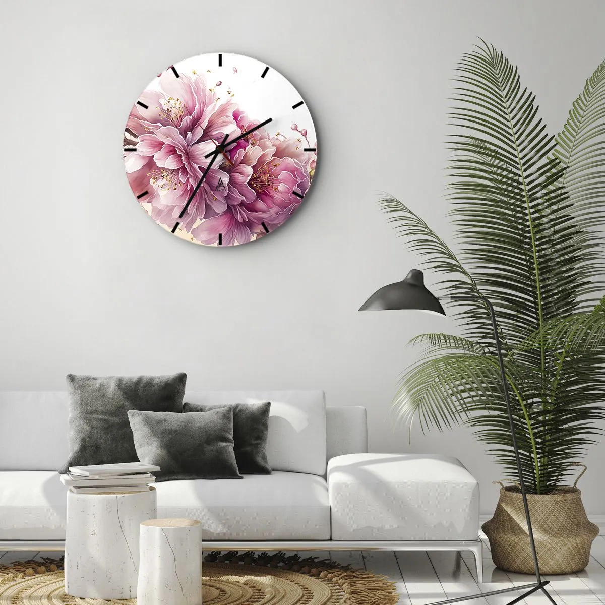 Wandklok - Klok - Bloeiende roze kersenbloesems op een witte achtergrond in een artistieke stijl - 30x30cm - Kersenbloesem - Moderne wanddecoratie voor woonkamer, keuken en slaapkamer ARTTOR