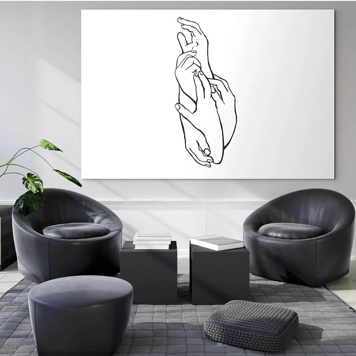 Schilderen op glas - Een subtiele lineaire tekening van gevouwen handen op een witte achtergrond. - 70x50cm - Goede aanraking - Moderne wanddecoratie voor woonkamer en slaapkamer ARTTOR