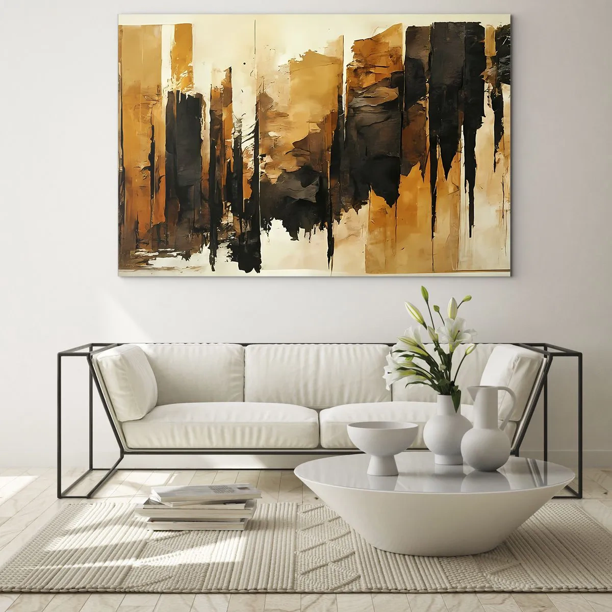 Schilderen op glas - Goudbruine abstractie met verticale structuren - 70x50cm - Harmonie van zwart en goud - Moderne wanddecoratie voor woonkamer en slaapkamer ARTTOR