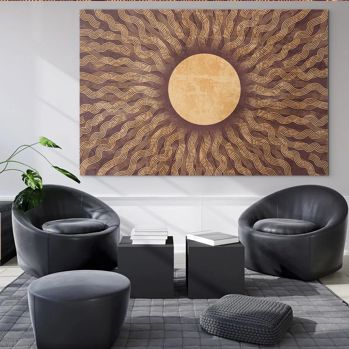 Schilderen op glas - Een gestileerde zon met stralen in de vorm van golvende lijnen op een bruine achtergrond. - 70x50cm - Zon icoon - Moderne wanddecoratie voor woonkamer en slaapkamer ARTTOR