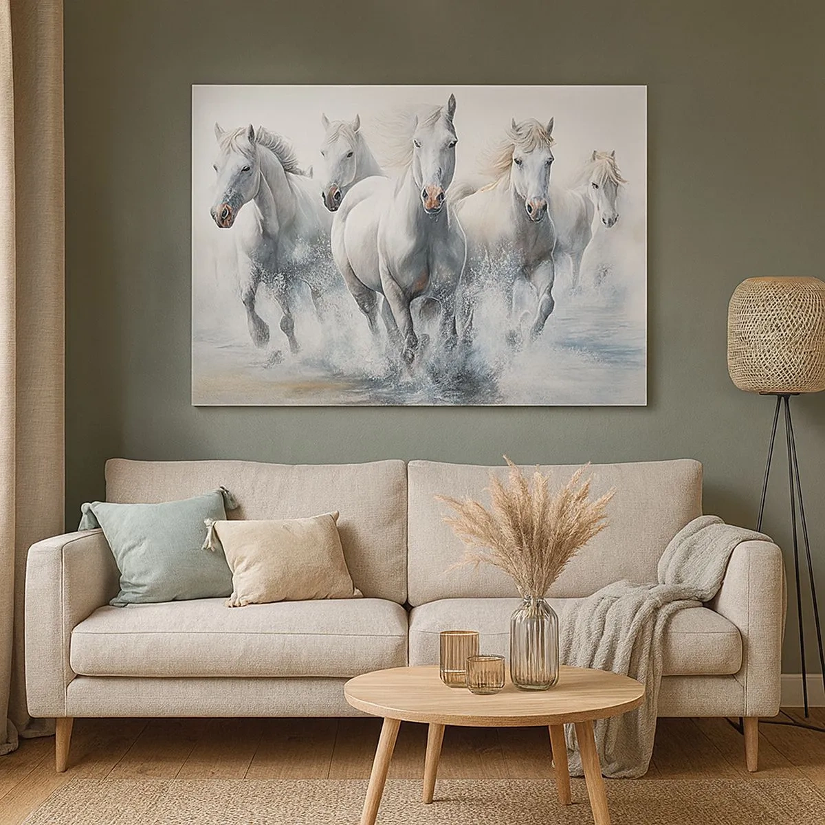 Schilderen op canvas - Witte paarden galopperen door het water - 70x50cm - Witte magie - Moderne wanddecoratie voor woonkamer en slaapkamer ARTTOR