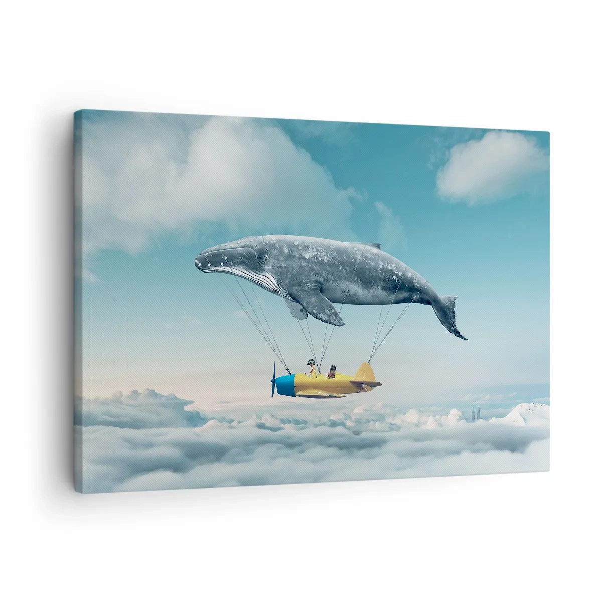 Schilderen op canvas - Een vliegende walvis draagt een vliegtuig in een surrealistische omgeving. - 70x50cm - Waarom niet? - Moderne wanddecoratie voor woonkamer en slaapkamer ARTTOR