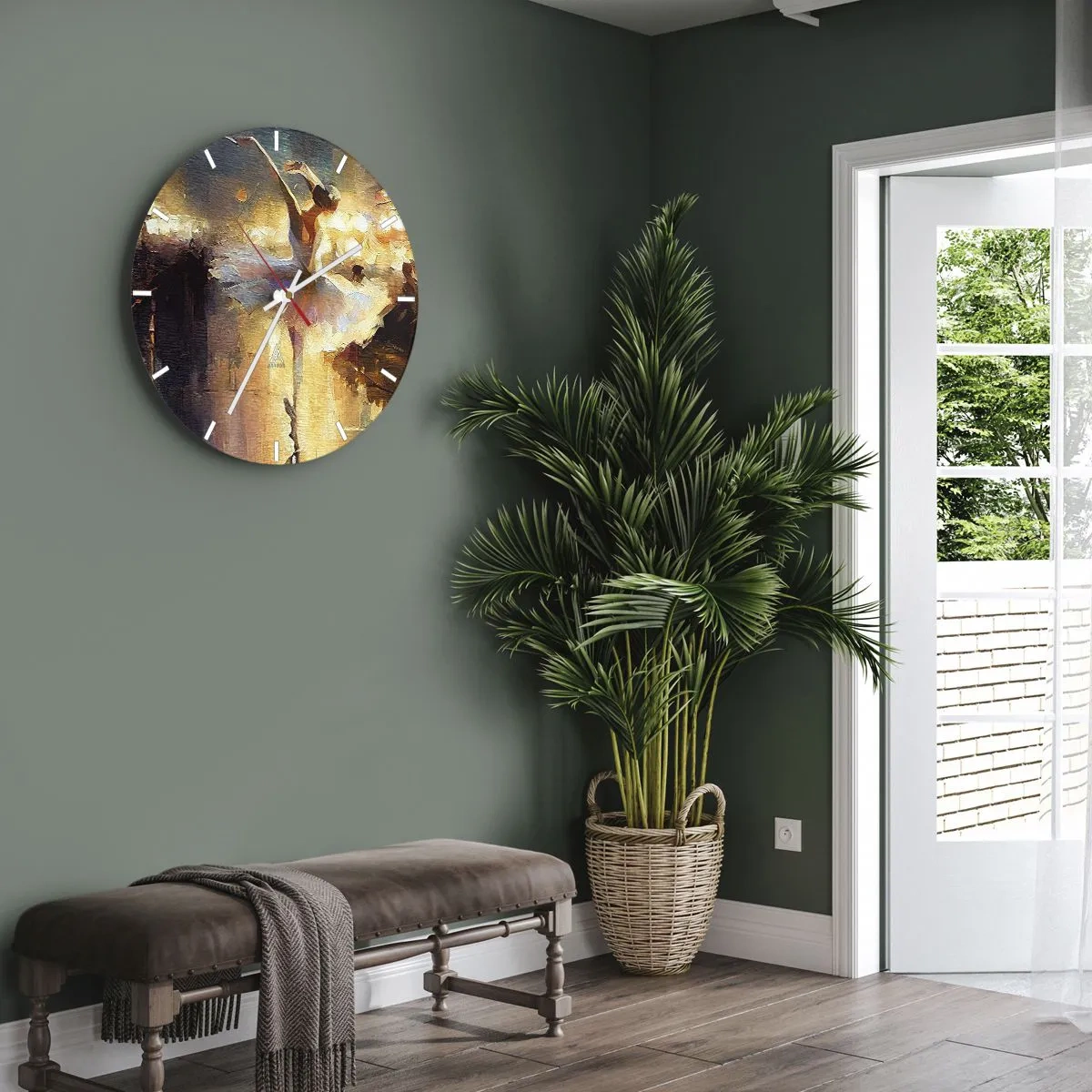 Wandklok - Klok - Een danseres in een witte jurk vastgelegd in dynamische beweging - 30x30cm - Wonder op straat - Moderne wanddecoratie voor woonkamer, keuken en slaapkamer ARTTOR