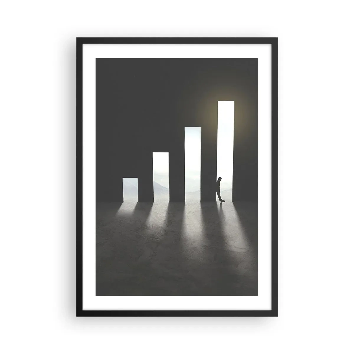 Poster in een zwarte lijst - Een symbolische deur in de vorm van een grafiek met een figuur - 50x70cm - Succes - impressie - Moderne wanddecoratie voor woonkamer en slaapkamer ARTTOR