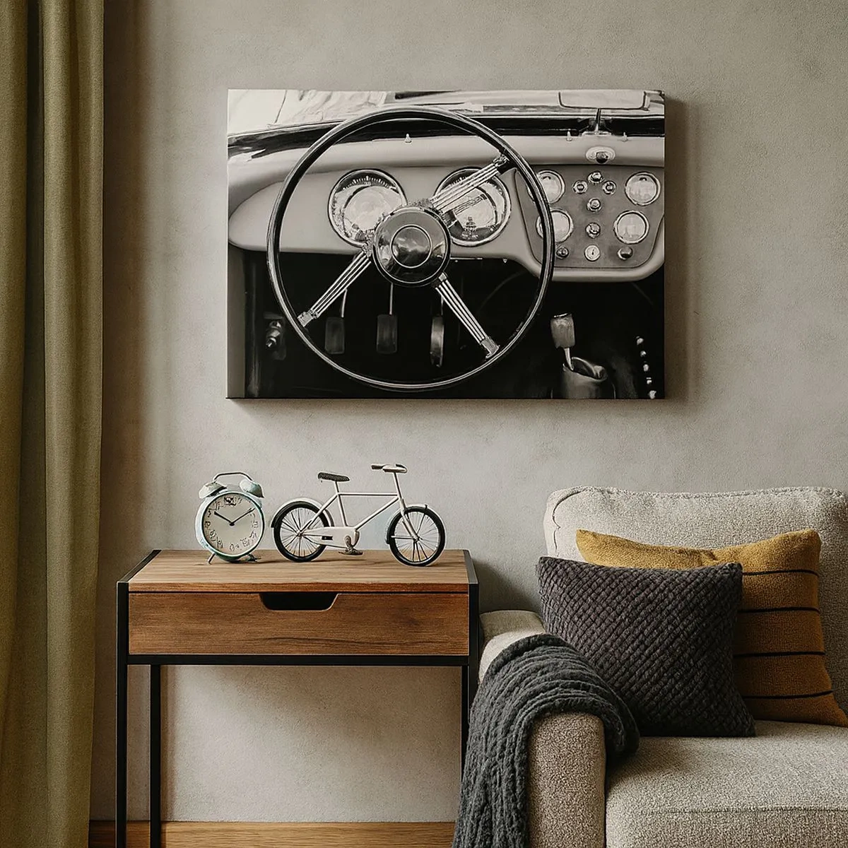 Schilderen op canvas - Zwart-wit klassiek auto-interieur - 70x50cm - De droom van een verzamelaar - Moderne wanddecoratie voor woonkamer en slaapkamer ARTTOR