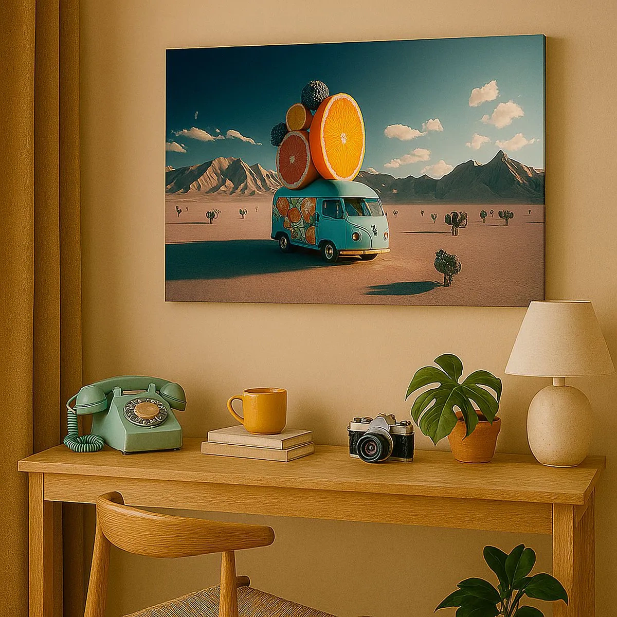 Schilderen op canvas - Fruitwagen in een woestijnlandschap - 70x50cm - De smaak van vakantie - Moderne wanddecoratie voor woonkamer en slaapkamer ARTTOR