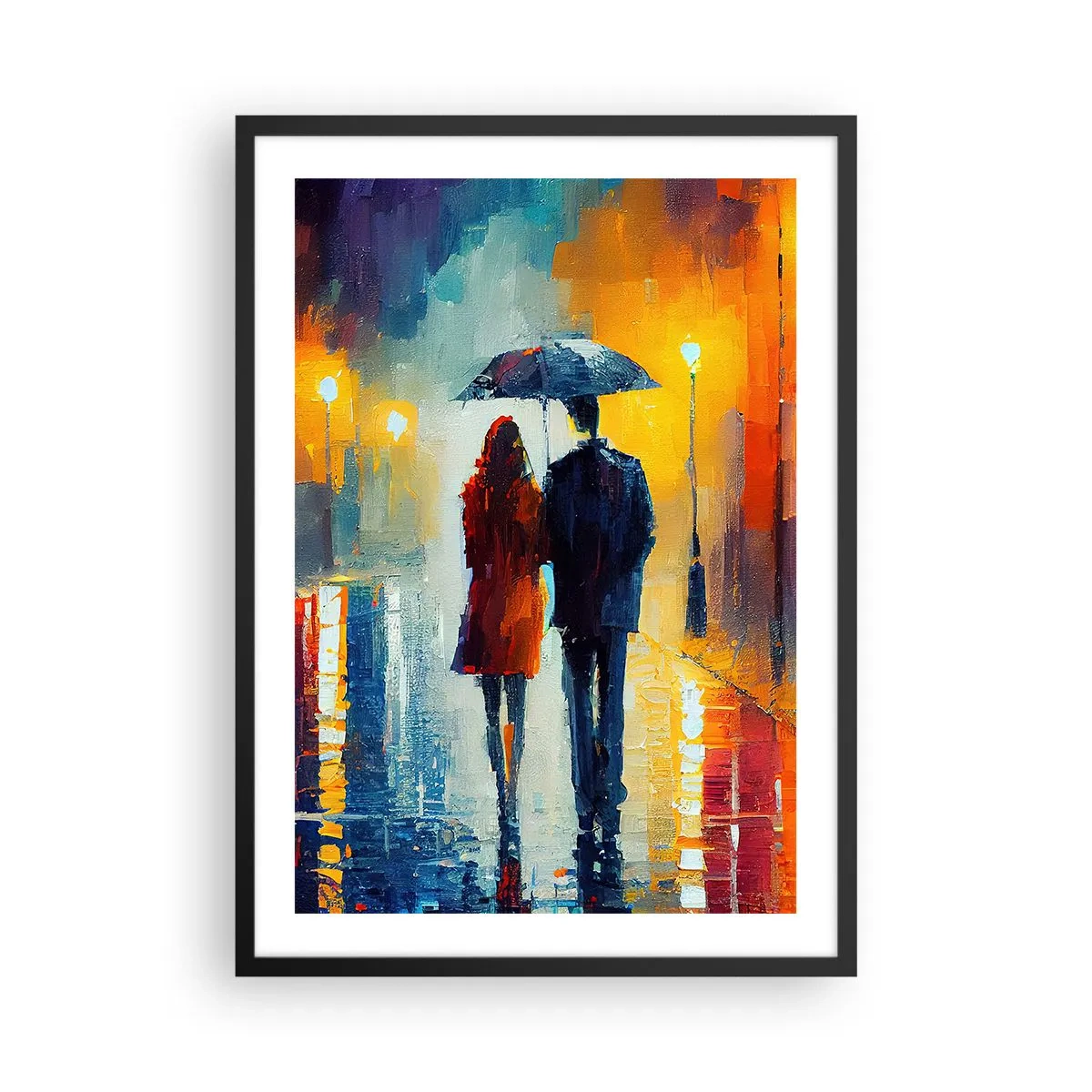 Poster in een zwarte lijst - Een stel loopt met een paraplu door de regen op straat. - 50x70cm - Samen – een kleurrijke nacht - Moderne wanddecoratie voor woonkamer en slaapkamer ARTTOR