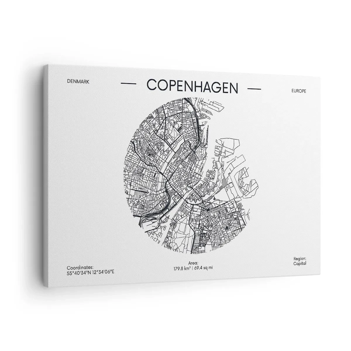 Schilderen op canvas - Een kaart van Kopenhagen in minimalistische zwart-witstijl. - 70x50cm - Anatomie van Kopenhagen - Moderne wanddecoratie voor woonkamer en slaapkamer ARTTOR
