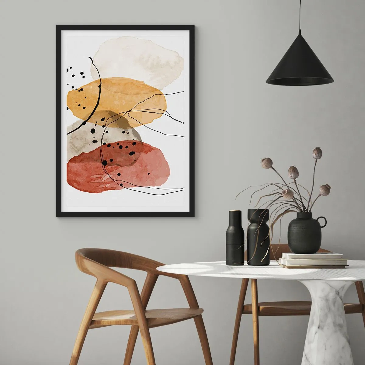 Poster in een zwarte lijst - Abstracte vormen in tinten beige, geel en rood - 50x70cm - Als lichte, transparante lucht - Moderne wanddecoratie voor woonkamer en slaapkamer ARTTOR