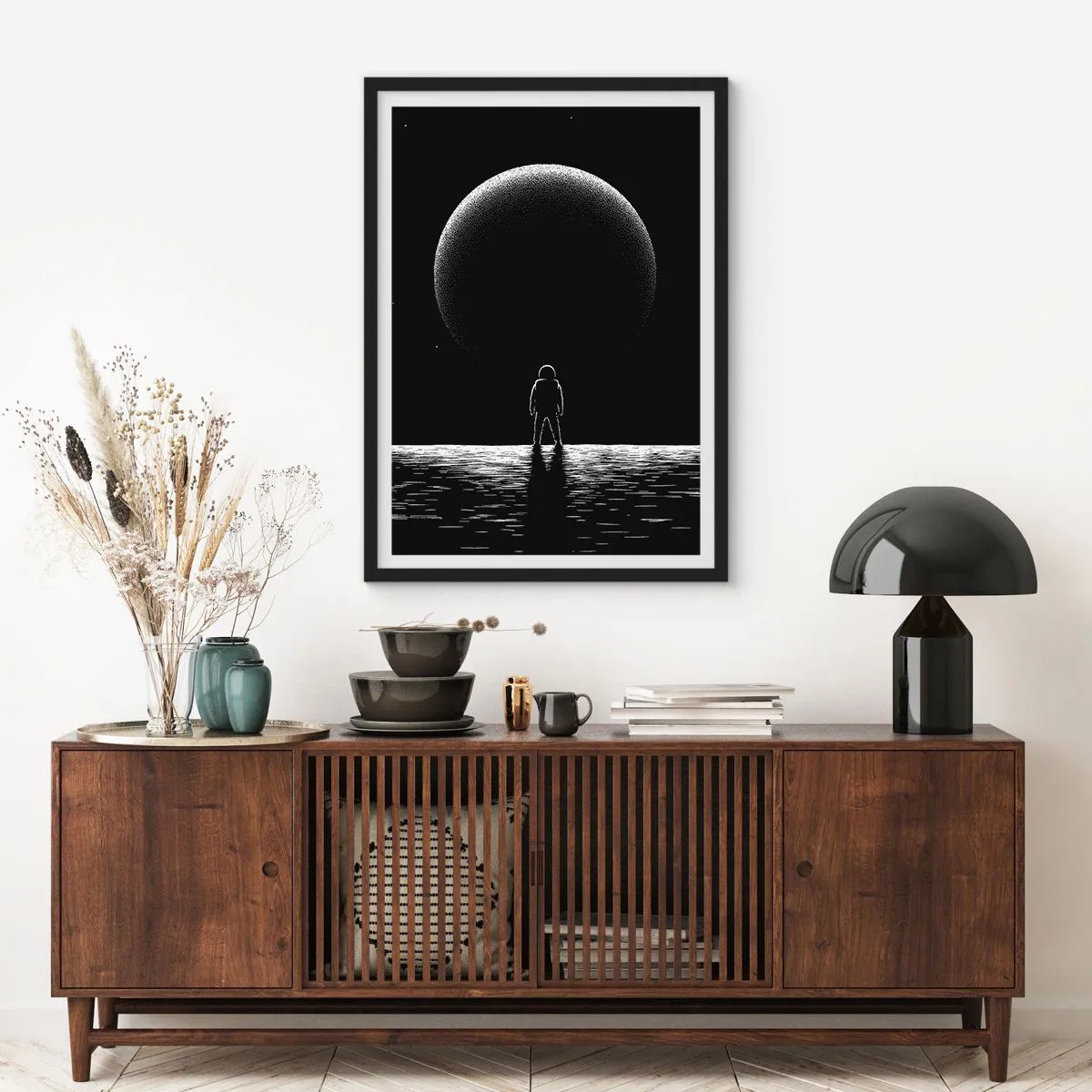 Poster in een zwarte lijst - Een astronaut tegen de achtergrond van een enorme planeet in de ruimte - 50x70cm - Oog in oog - Moderne wanddecoratie voor woonkamer en slaapkamer ARTTOR