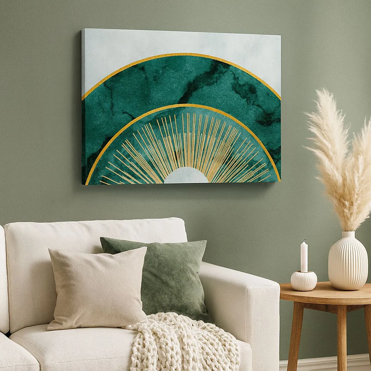 Schilderen op canvas - Abstract patroon met cirkels in de kleuren smaragdgroen en goud. - 70x50cm - Een ander zonnestelsel - Moderne wanddecoratie voor woonkamer en slaapkamer ARTTOR