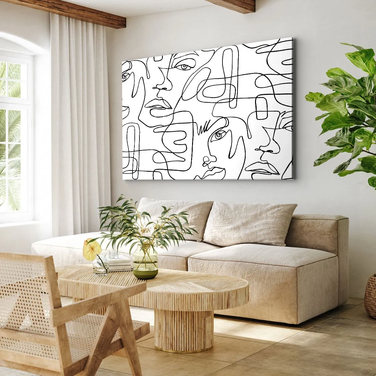 Schilderen op canvas - Een minimalistische tekening van een gezicht met lijnen op een lichte achtergrond. - 70x50cm - In verwarde emoties - Moderne wanddecoratie voor woonkamer en slaapkamer ARTTOR