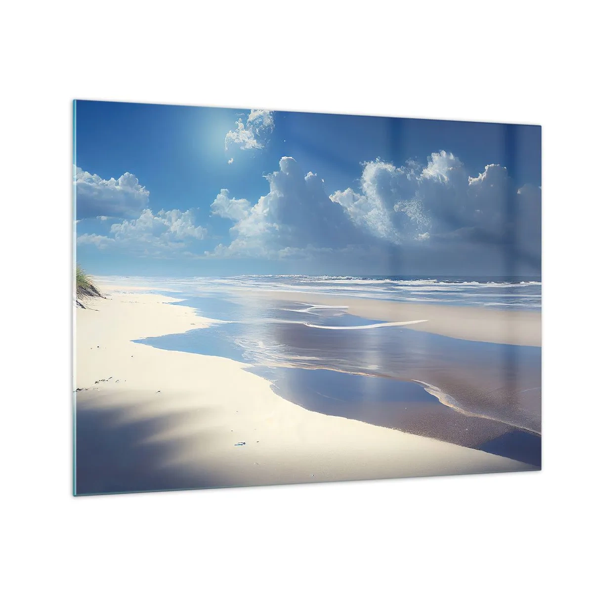 Schilderen op glas - Een breed zandstrand en kalme golven onder een blauwe lucht - 70x50cm - Paradijselijke vakantie - Moderne wanddecoratie voor woonkamer en slaapkamer ARTTOR