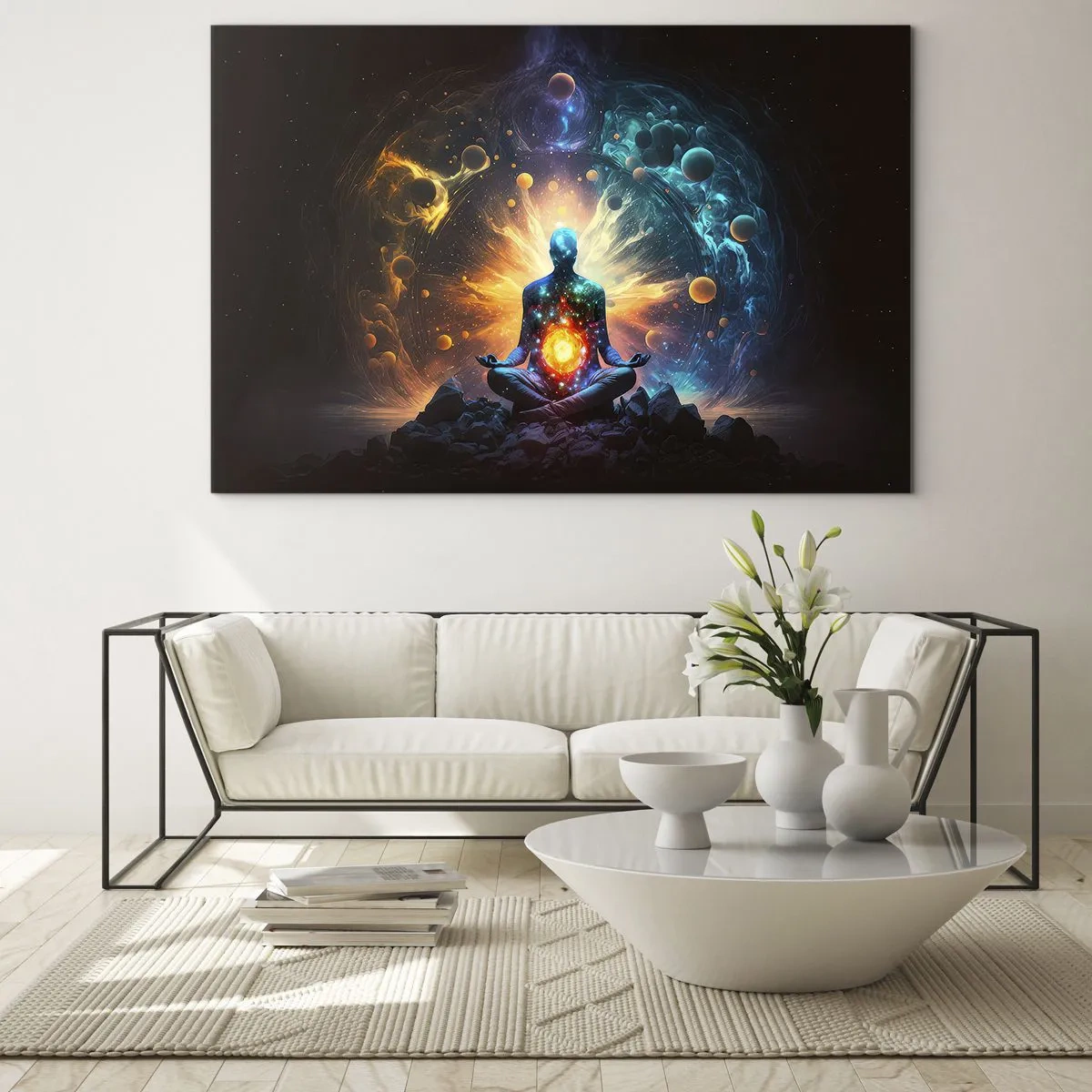 Schilderen op glas - Een mediterend silhouet in een kosmische explosie van kleuren - 70x50cm - Kosmische vrede - Moderne wanddecoratie voor woonkamer en slaapkamer ARTTOR