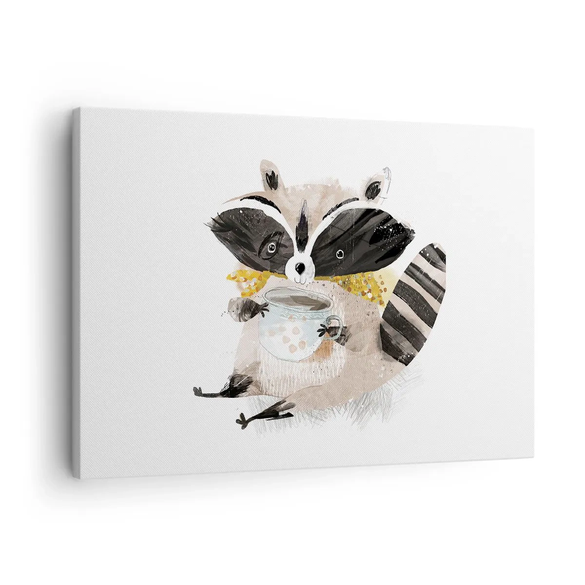 Schilderen op canvas - Schattige wasbeer met een pastelkleurige mok - 70x50cm - Mijn vriend de wasbeer - Moderne wanddecoratie voor woonkamer en slaapkamer ARTTOR