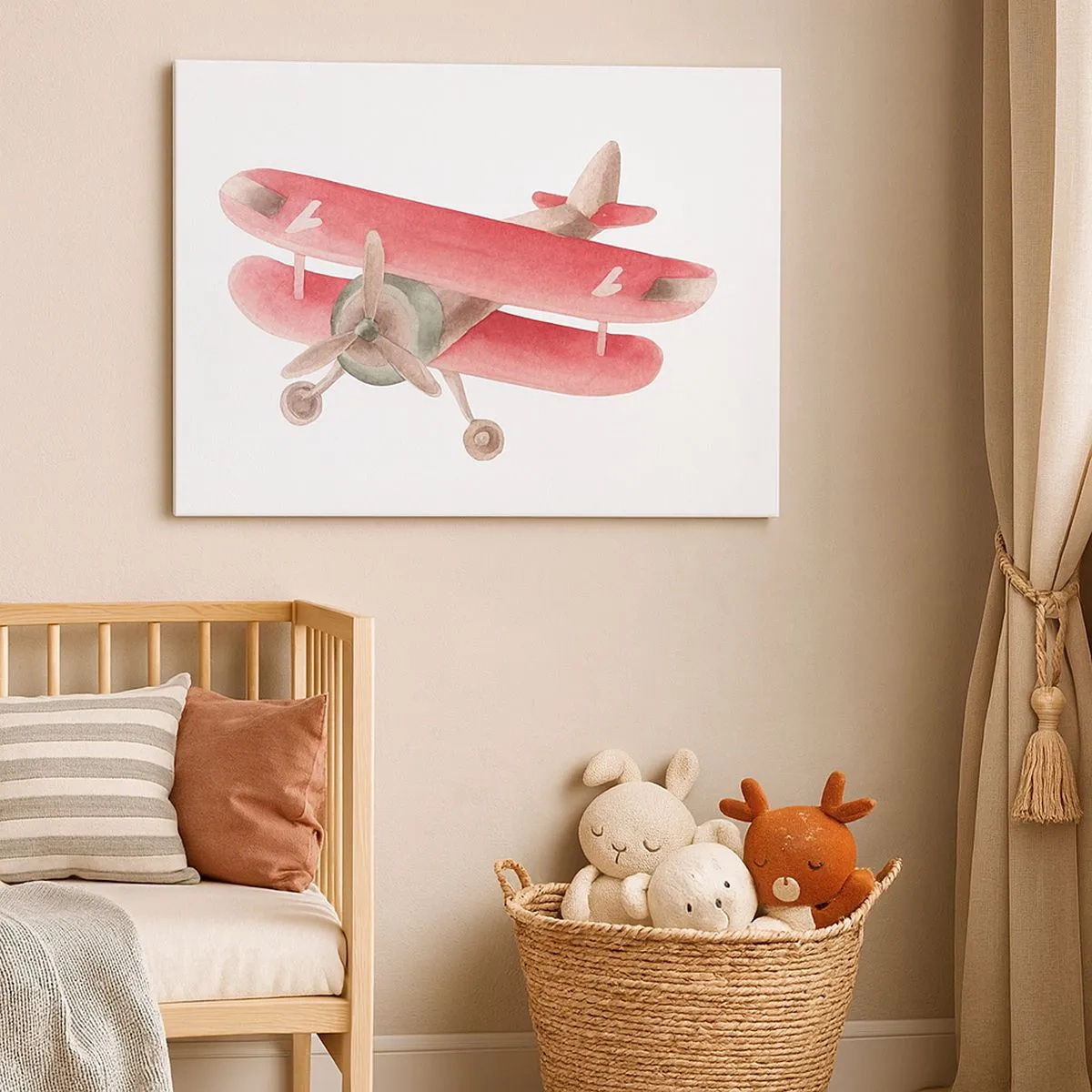 Schilderen op canvas - Rood retro vliegtuig op een witte achtergrond - 70x50cm - Klaar voor hoge vluchten - Moderne wanddecoratie voor woonkamer en slaapkamer ARTTOR