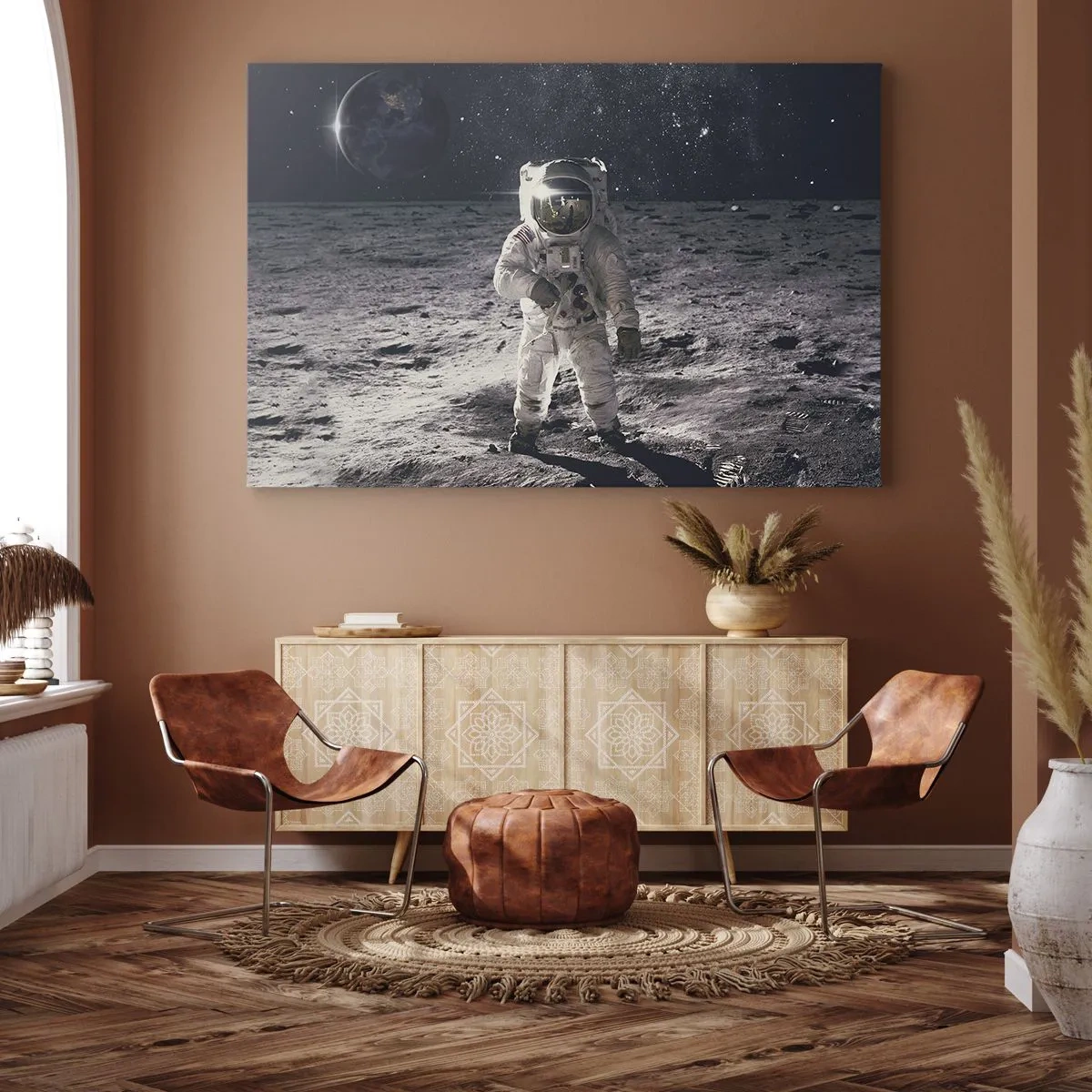 Schilderen op canvas - Astronaut op het maanoppervlak met de aarde op de achtergrond - 70x50cm - Groetjes van de maan - Moderne wanddecoratie voor woonkamer en slaapkamer ARTTOR