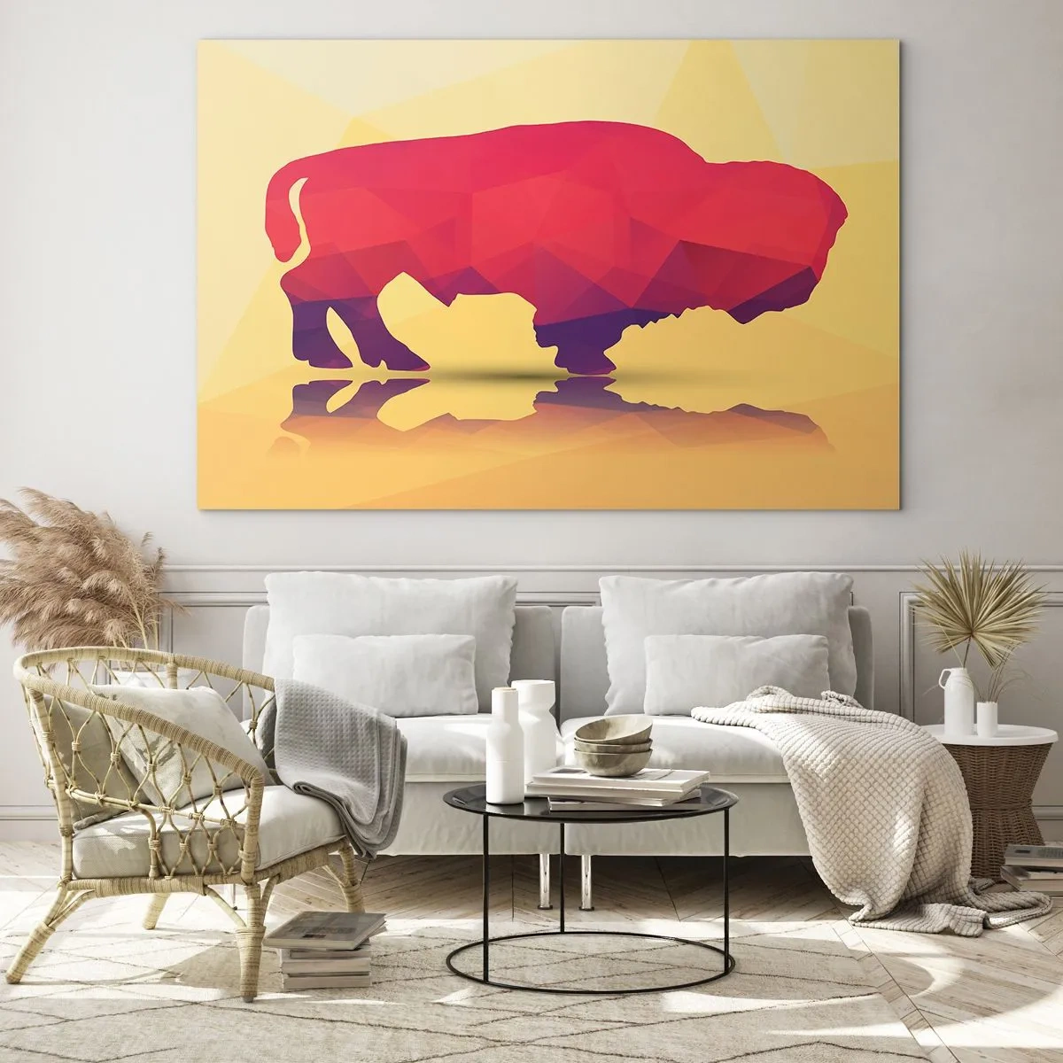 Schilderen op glas - Geometrische bizon in warme kleuren - 70x50cm - De amarantkracht van de bizon - Moderne wanddecoratie voor woonkamer en slaapkamer ARTTOR