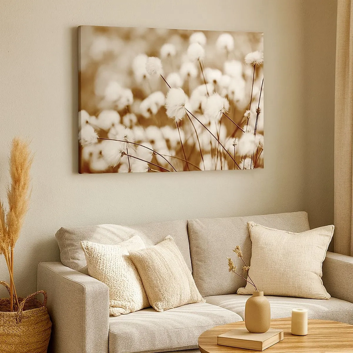 Schilderen op canvas - Een veld met delicate sepia-getinte planten - 70x50cm - Pluizig korenveld - Moderne wanddecoratie voor woonkamer en slaapkamer ARTTOR