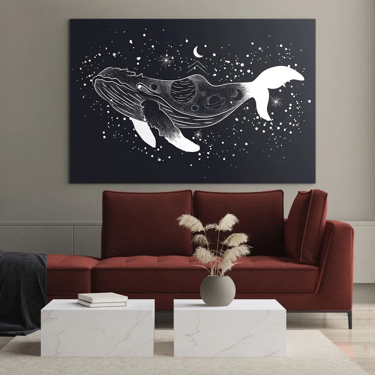 Schilderen op glas - Grafisch wit silhouet van een walvis die in de ruimte zweeft - 70x50cm - In de oceaan van het universum - Moderne wanddecoratie voor woonkamer en slaapkamer ARTTOR