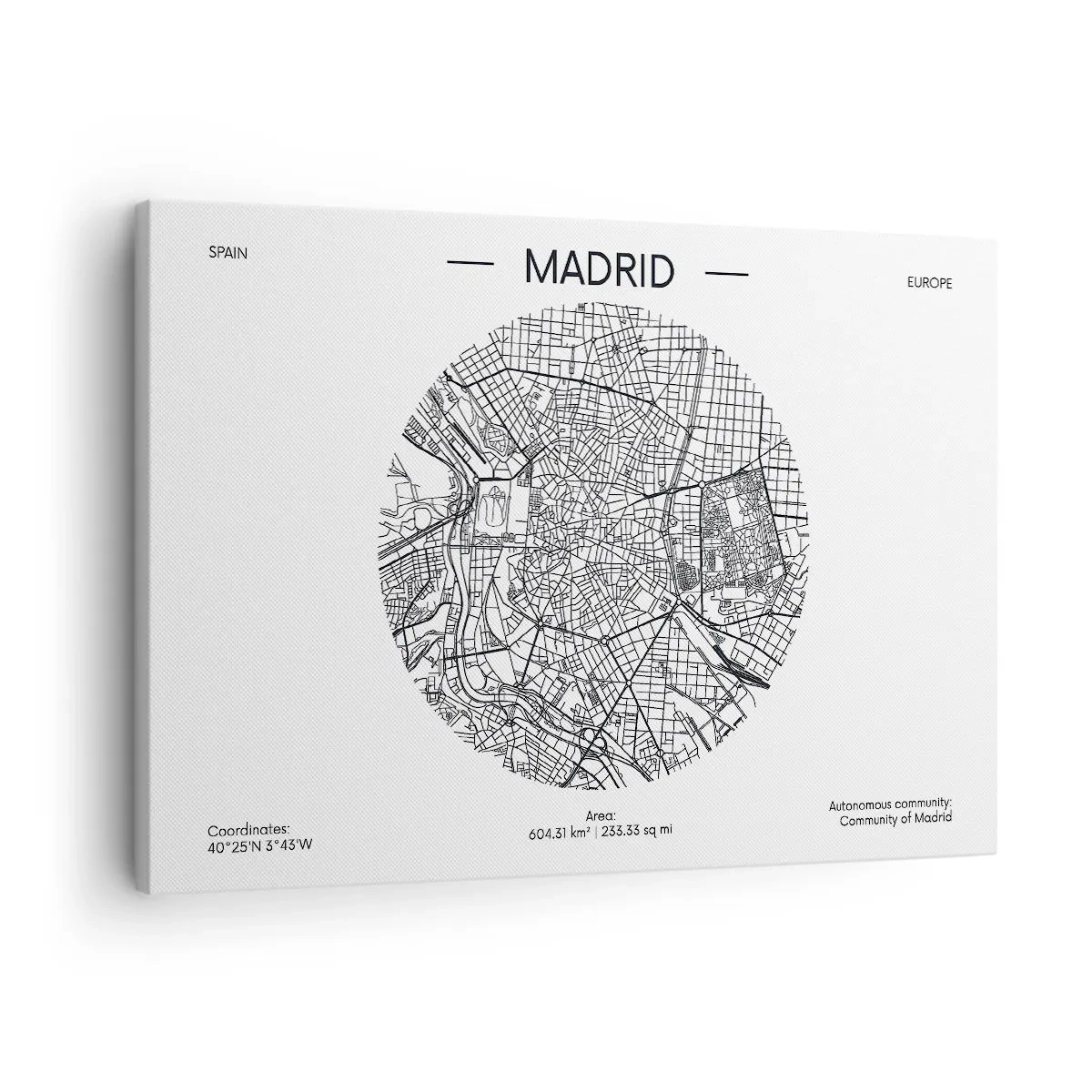 Schilderen op canvas - Kaart van Madrid in minimalistische zwart-witstijl - 70x50cm - Anatomie van Madrid - Moderne wanddecoratie voor woonkamer en slaapkamer ARTTOR