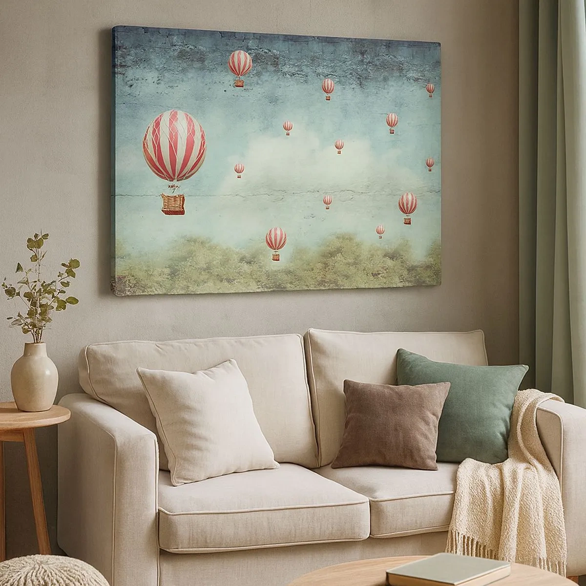 Schilderen op canvas - Retro ballonnen tegen een blauwe lucht en groene achtergrond - 70x50cm - Vrij van de drukte van het leven - Moderne wanddecoratie voor woonkamer en slaapkamer ARTTOR