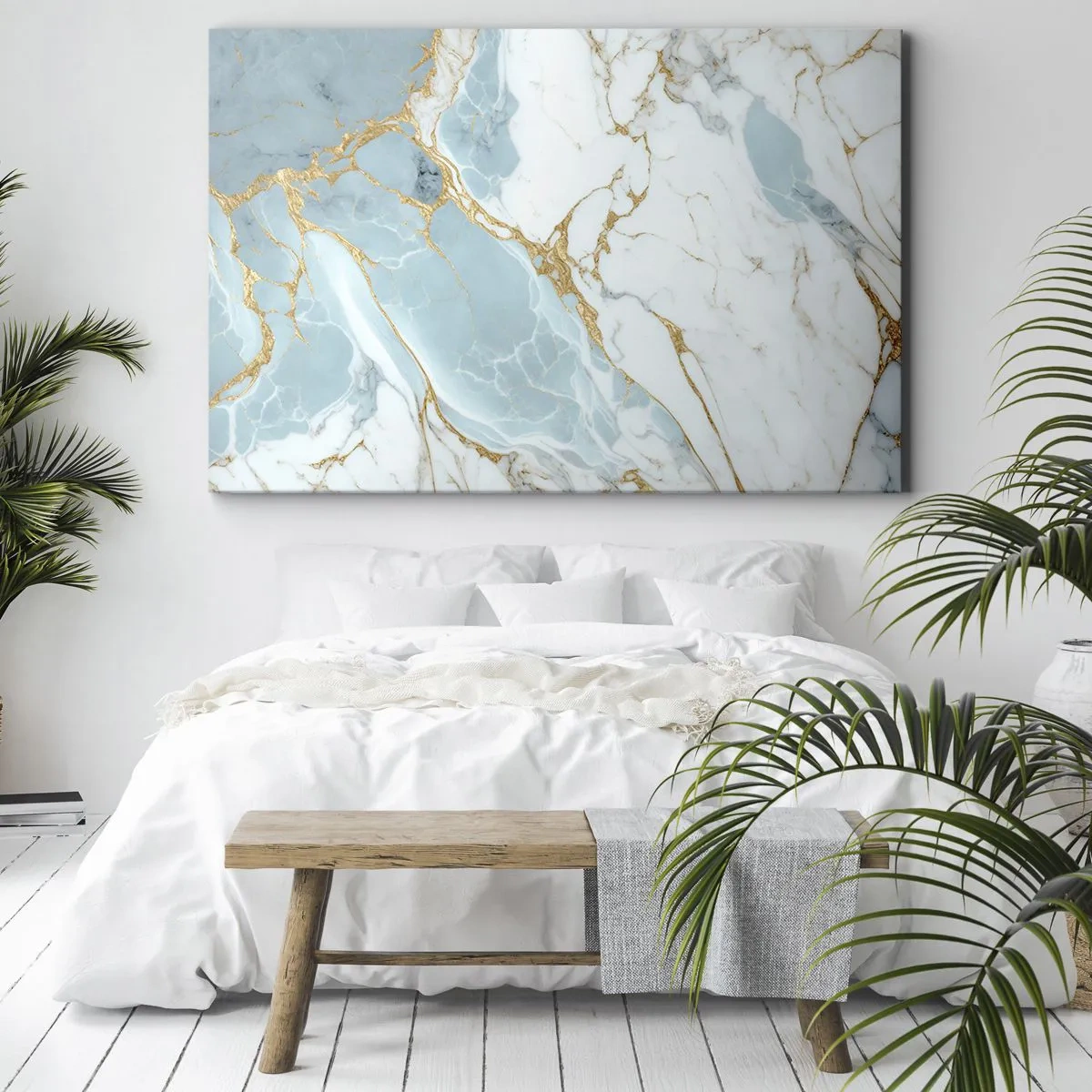 Schilderen op canvas - Blauwe en witte marmerpatronen met toegevoegde gouden aderen - 70x50cm - Rijkdom van steen - Moderne wanddecoratie voor woonkamer en slaapkamer ARTTOR