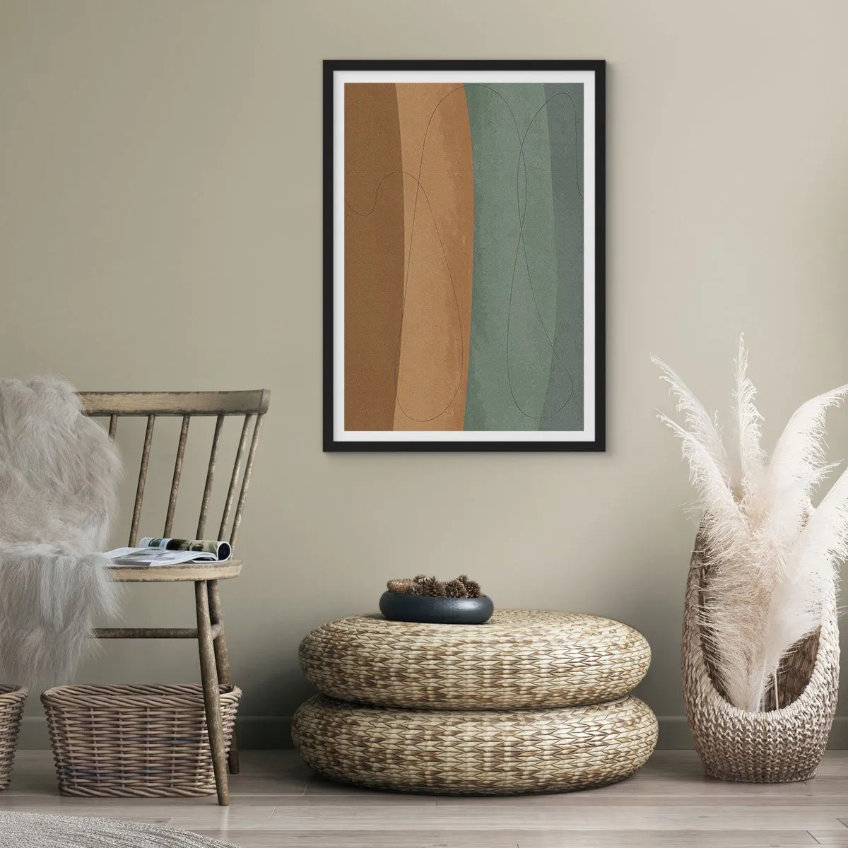 Poster in een zwarte lijst - Organische lijnen op aardse en groene achtergronden - 50x70cm - Horizontale compositie - Moderne wanddecoratie voor woonkamer en slaapkamer ARTTOR